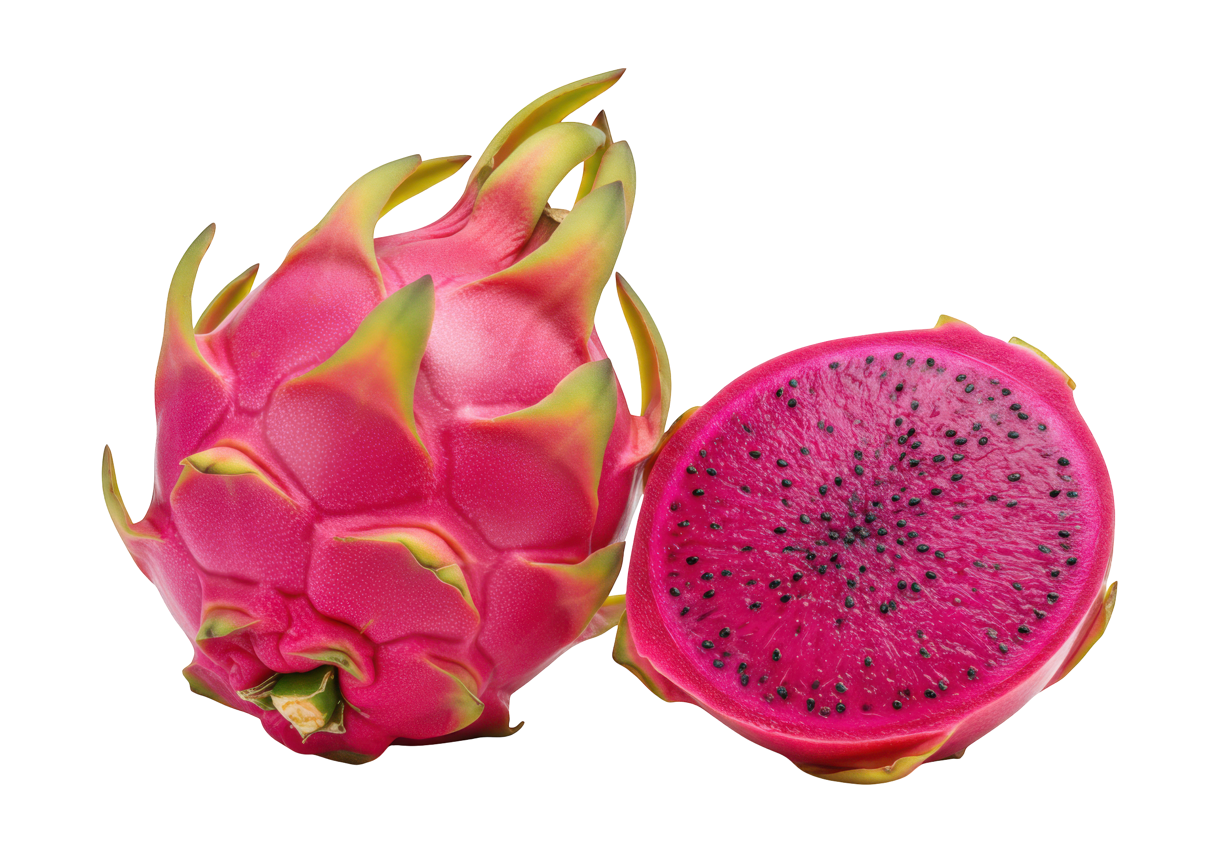 Fresh pink dragon fruit with green-tipped scales, sliced open to reveal bright pink flesh with small black seeds.