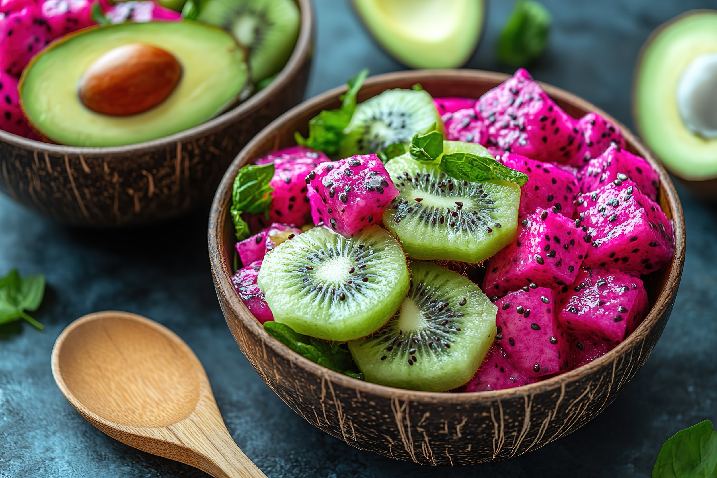Bowl of diced dragon fruit and sliced kiwi with fresh mint leaves, on a dark textured surface.