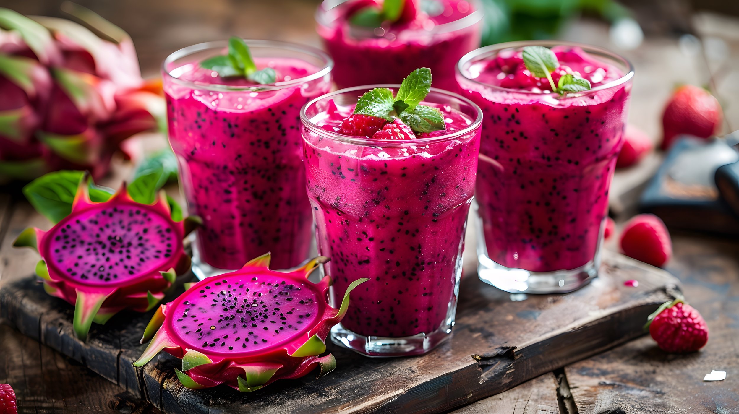 Three glasses of bright pink dragon fruit smoothies garnished with fresh mint leaves, placed on a rustic wooden tray with whole and sliced dragon fruits, strawberries, and blueberries surrounding them.