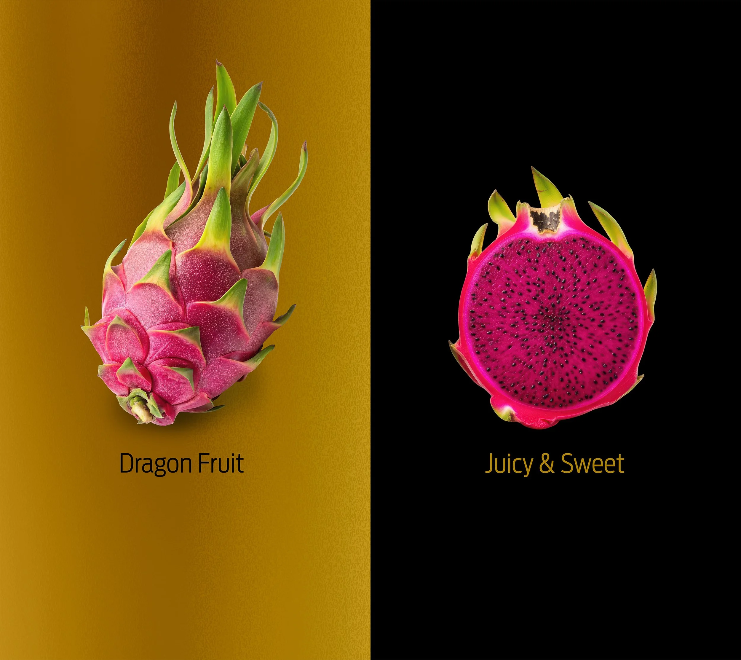 Side-by-side image of a pink dragon fruit, whole on the left against a yellow background, and a sliced open on the right show the vibrant pink interior with black seeds on a black background. The text "Dragon Fruit" is beneath the whole fruit and the text "Juicy & Sweet" is beneath the sliced fruit.