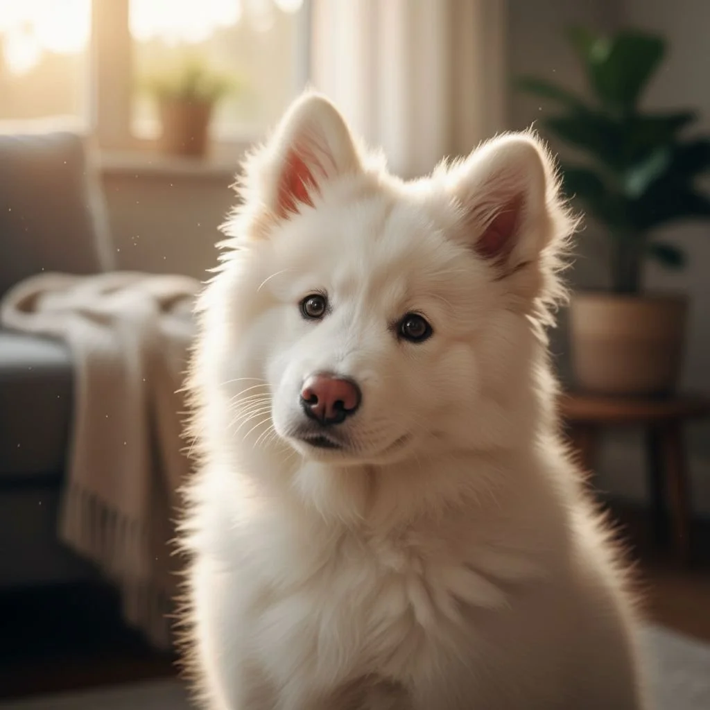 Calm freshly groomed white dog sitting indoors after a professional grooming appointment
