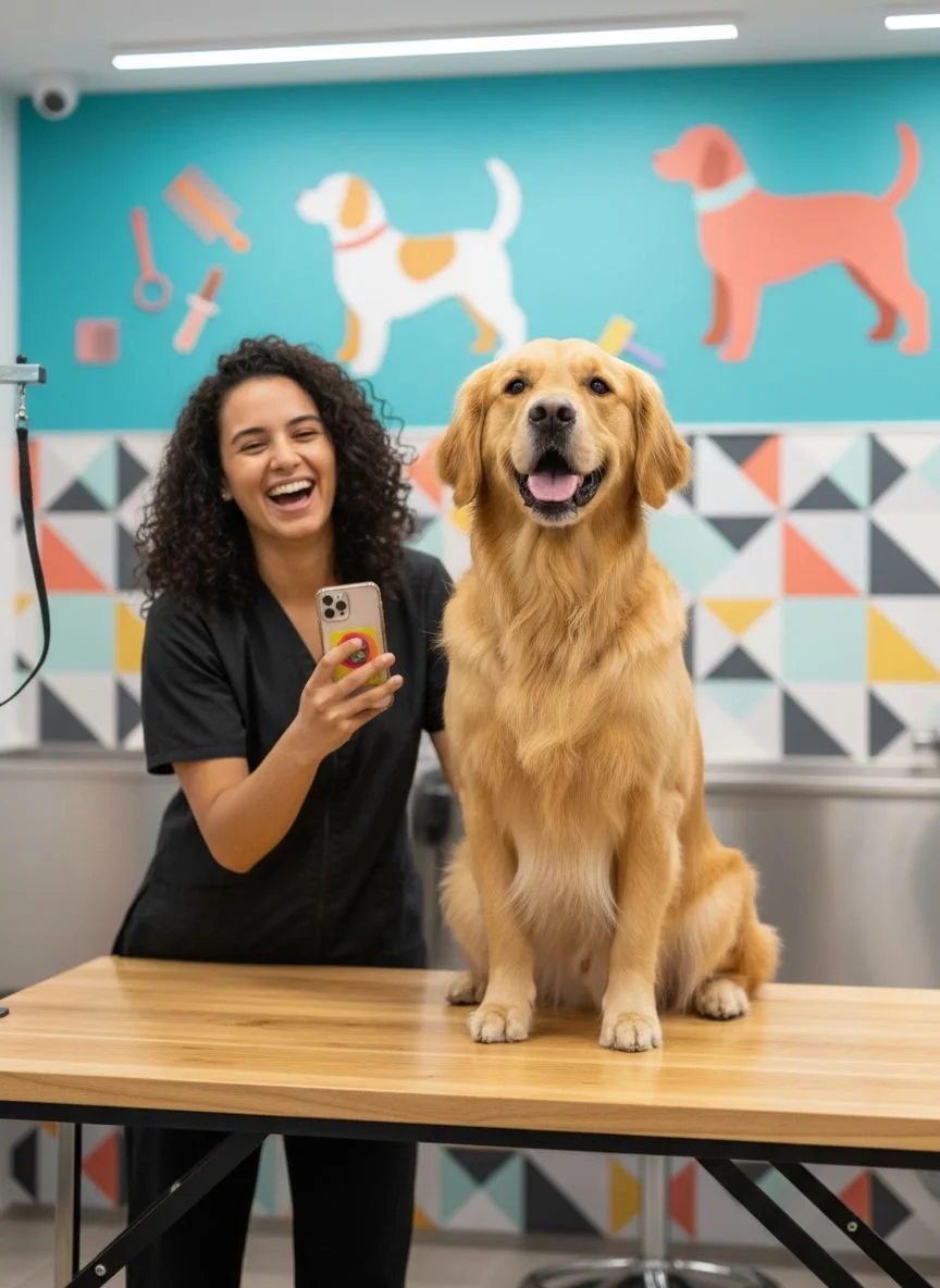 Dog groomer holding a smartphone beside a golden retriever on a grooming table, showing how pet businesses can capture dog personality moments for social media content.