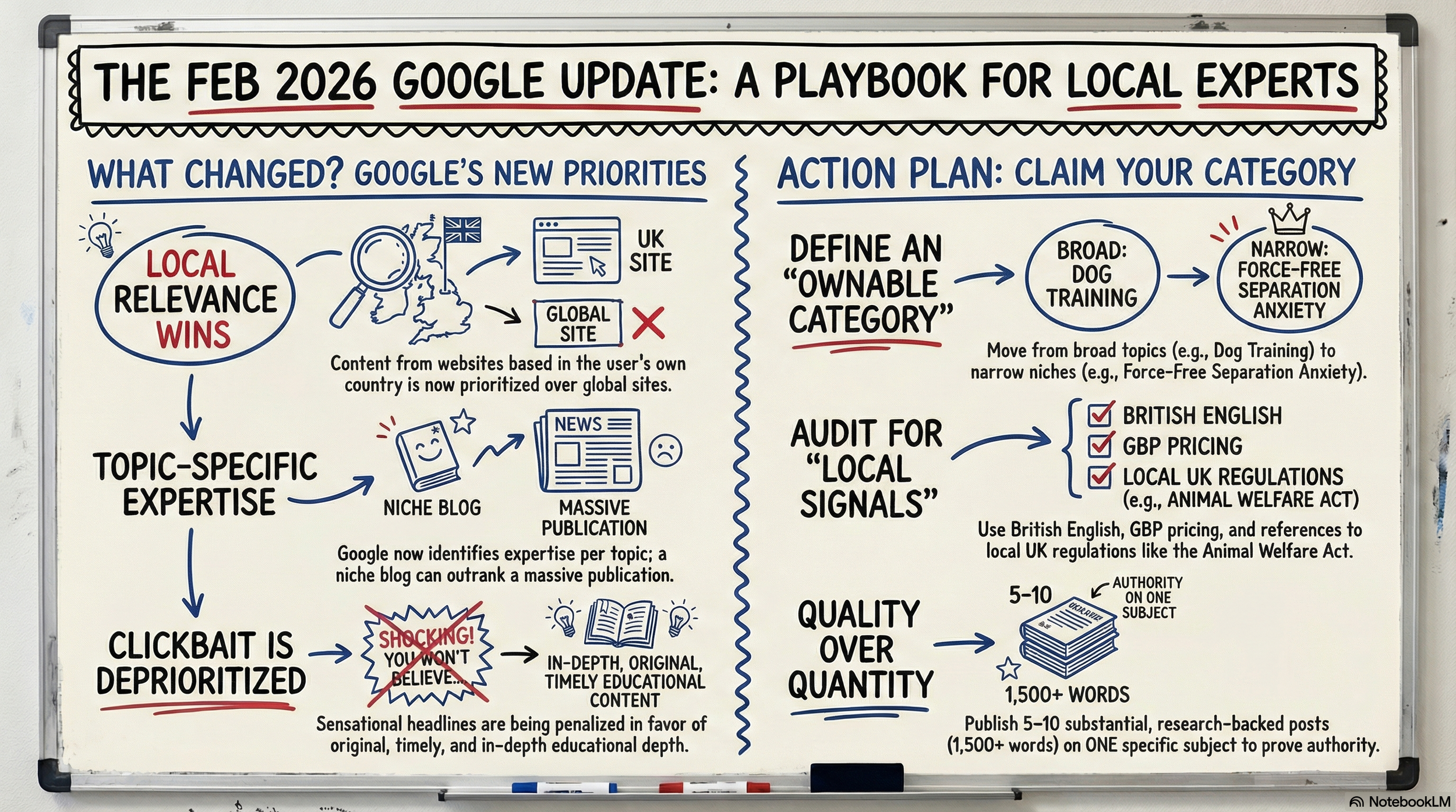 An infographic titled "Mastering Google’s February 2026 Discover Update" that outlines the three primary shifts in Google's ranking systems for Discover content.