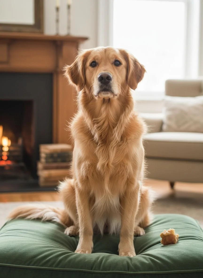 A golden retriever dog sitting on a green cushion inside a cozy living room with a fireplace and books.