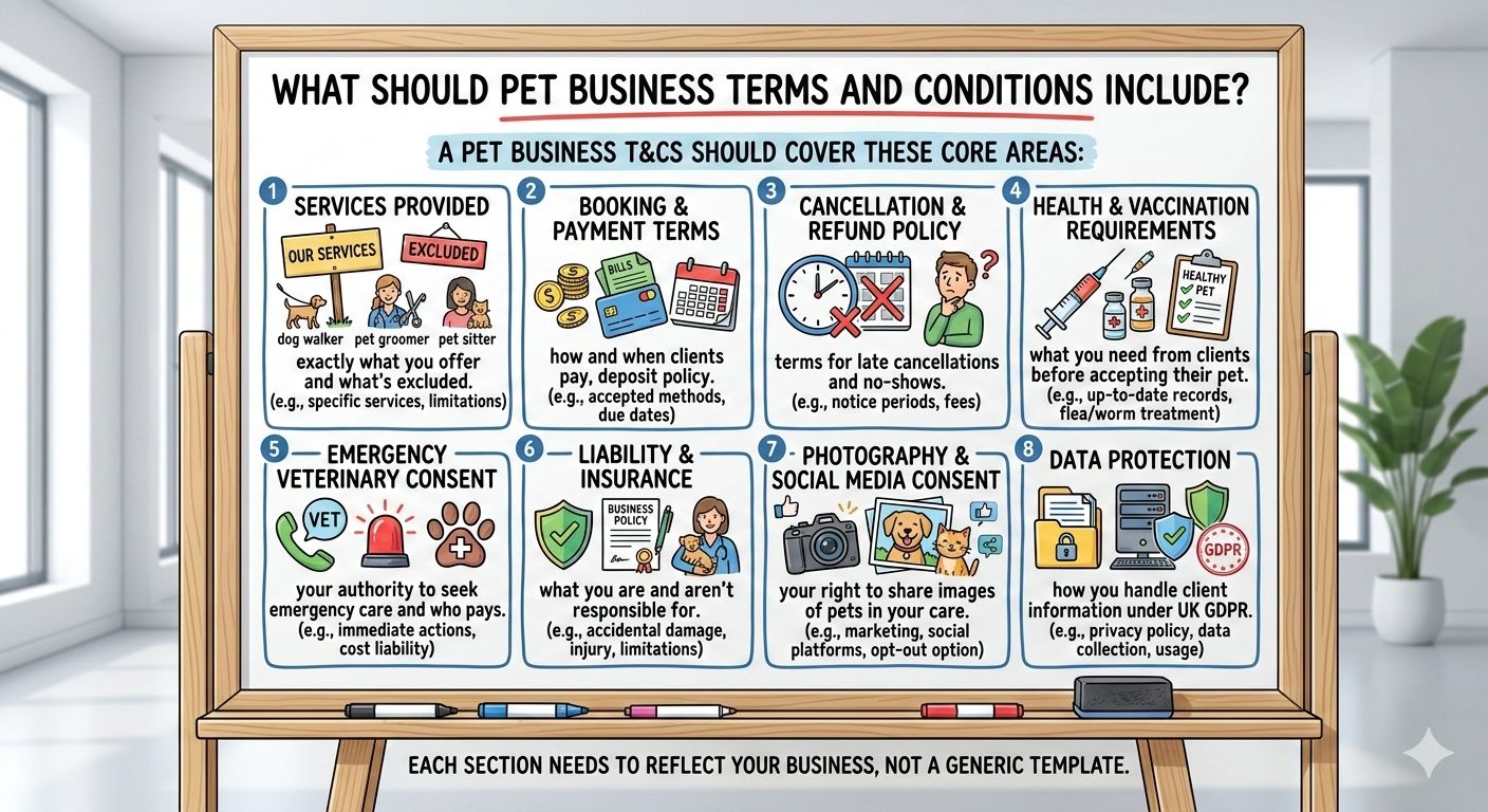 Infographic explaining key sections of pet business terms and conditions including booking policies, cancellations, liability, emergency vet consent and data protection.