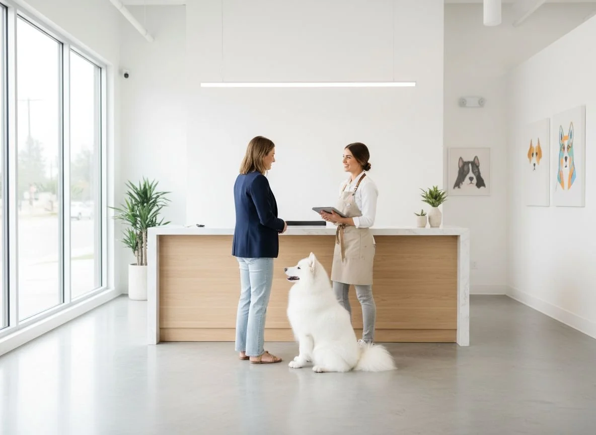 Dog groomer speaking with a client at a grooming salon reception while using a tablet, showing how pet businesses can use AI tools to manage marketing and content.