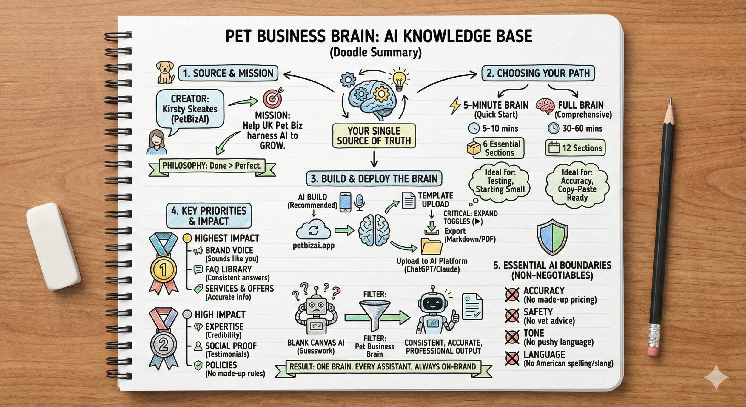 Illustration of a pet business knowledge base system showing workflows, processes, and categories for building a business brain using PetBizAI.