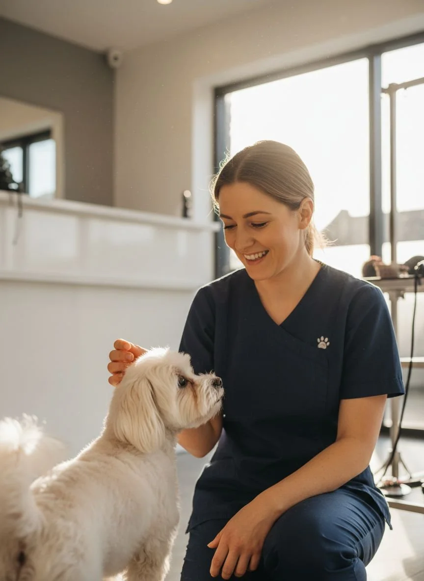 A woman in navy scrubs gently petting a small white dog inside a well-lit room.