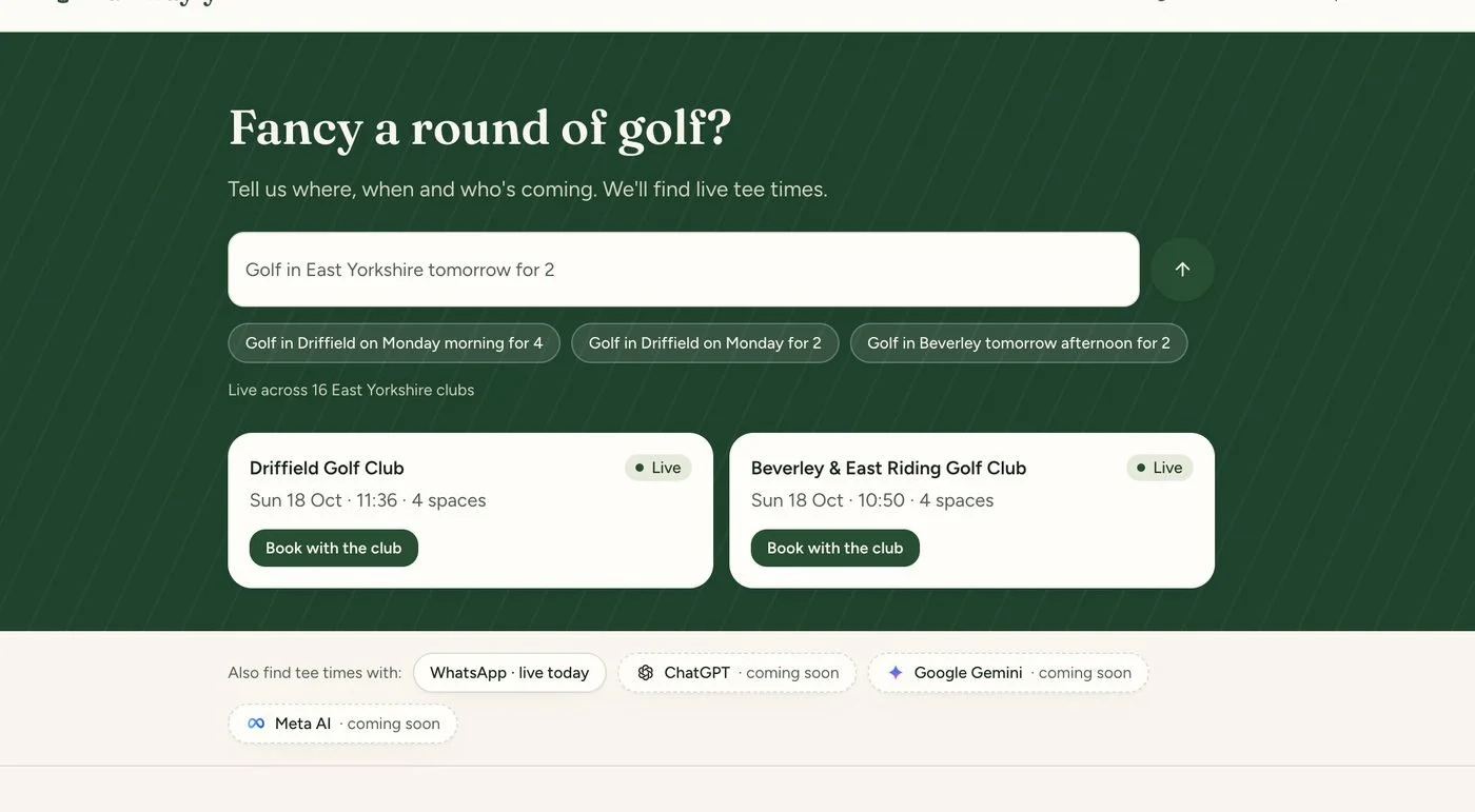 Fairwayly tee-time search website built by PetBizAI
