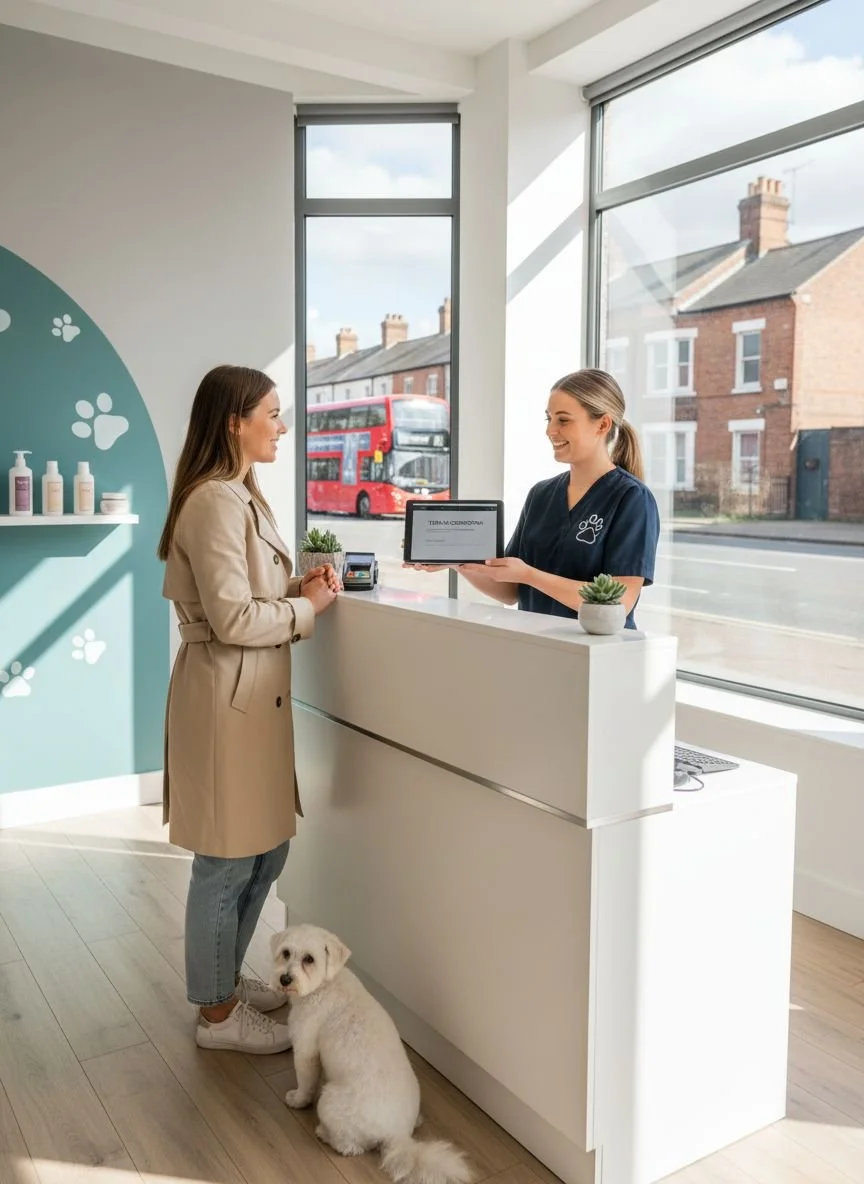 Dog grooming client intake at a UK grooming salon reception before appointment and terms and conditions agreement