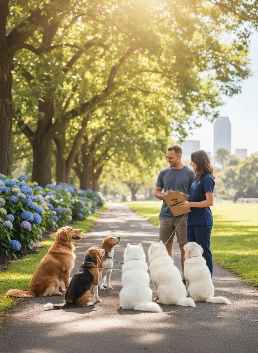 Dog walker meeting with pet owners and dogs in a park for group intake and service terms discussion