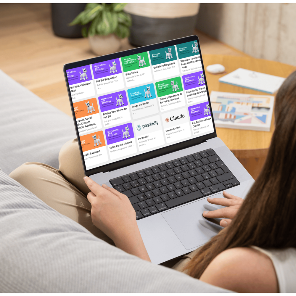 Laptop showing the PetBizAI dashboard of AI assistants for pet businesses