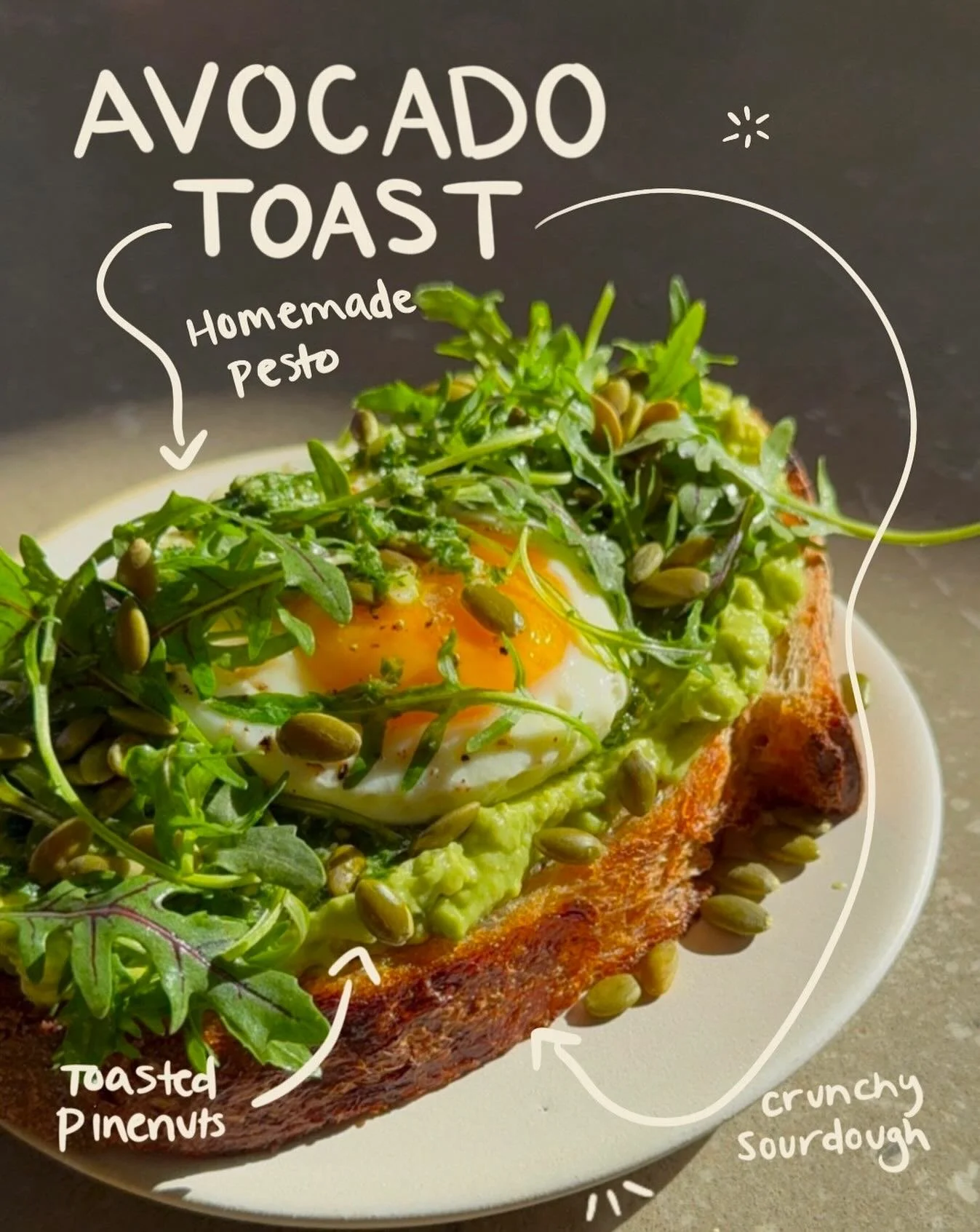 Need weekend plans? Come hang out with us✨
Join us for a dreamy avocado toast brunch. Sourdough topped with smashed avo, bright kale pesto, and a sprinkle of toasted seeds for a little crunch🥑🌿 Try adding an egg for some extra protein.
