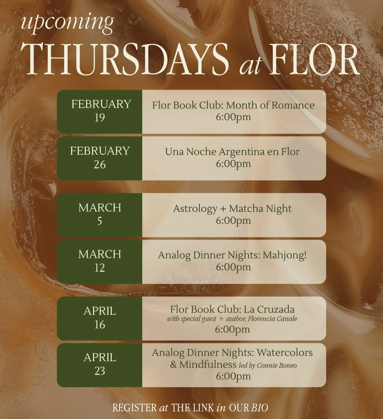 🌱THURSDAYS AT FLOR ☕️
Feb 19 - &hearts;️Flor Bookclub: Month of Romance
Join Flor&rsquo;s Book Club for an intimate discussion of The Japanese Lover by Isabel Allende*, a timeless story of love, memory, and devotion

Feb 26 - 🇦🇷Una Noche Argentina