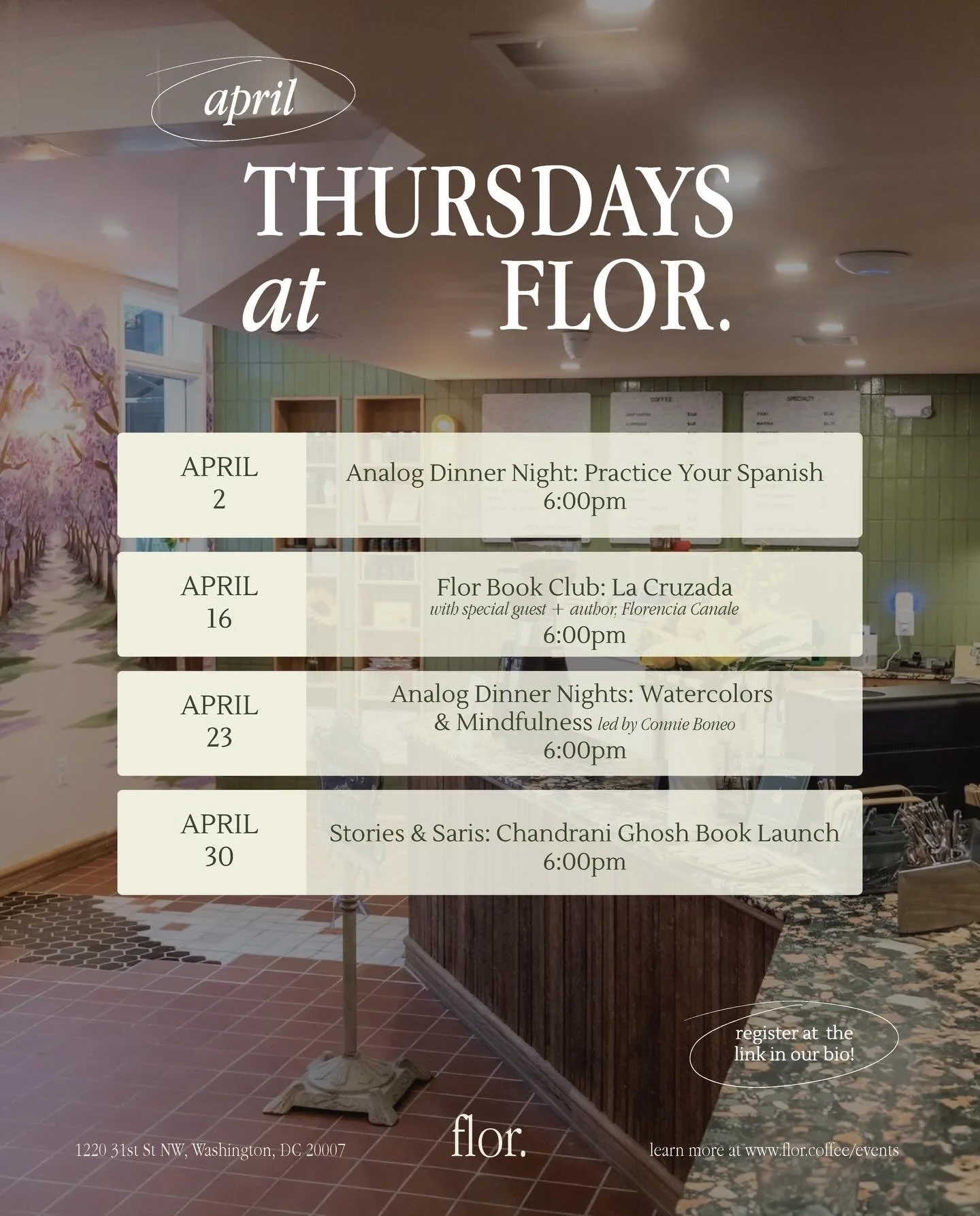 APRIL EVENTS LINE UP✨
Looking forward to the upcoming Thursdays at Flor! Grab your tickets now before they sell out🤍

April 2 - ❤️Practice your Spanish!
Calling all Spanish students, join us for a low pressure night filled with games, empanadas, and