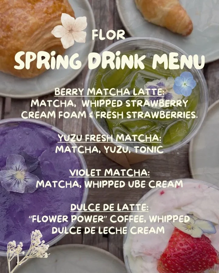 🌸✨SPRING DRINK MENU✨🌸
🍓Berry Matcha Latte:
Matcha, whipped strawberry cream &amp; fresh strawberries.
🌱Yuzu Fresh Matcha:
Matcha, yuzu, tonic
🪻Violet Matcha:
Matcha, whipped ube cream
🍮Dulce de Latte:
&ldquo;Flower Power&rdquo; coffee, whipped 