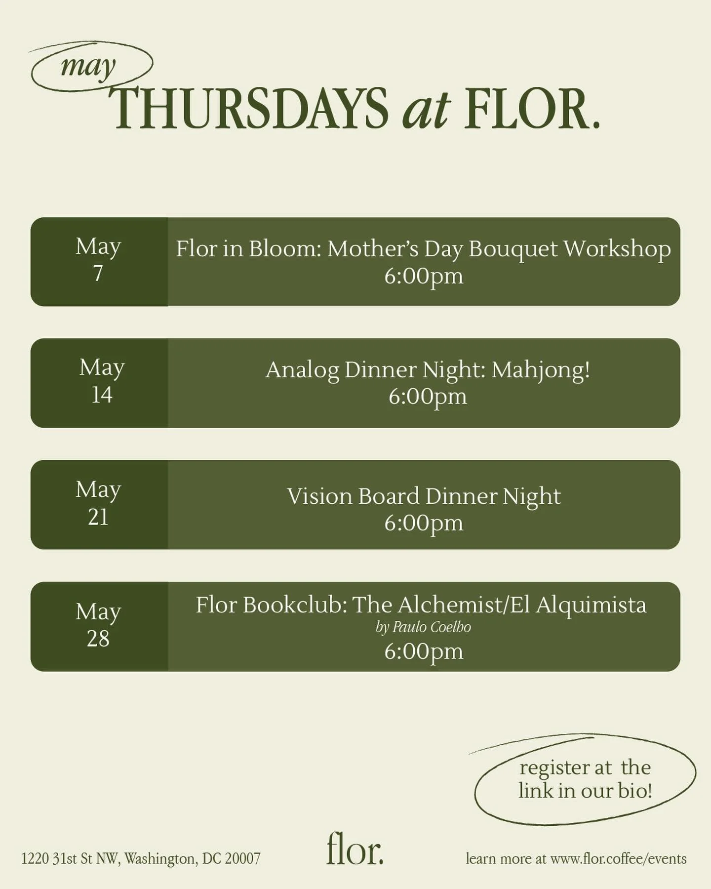 Thursdays at Flor are BACK for May❣️
Get your tickets now at the link in our bio🔗

May 7 - 💐Flor in Bloom: Mother&rsquo;s Day Boquet Workshop
Learn to create a boquet with a florist and fresh seasonal&nbsp;flowers!

May 14 - 🀄️Analog Dinner Night: