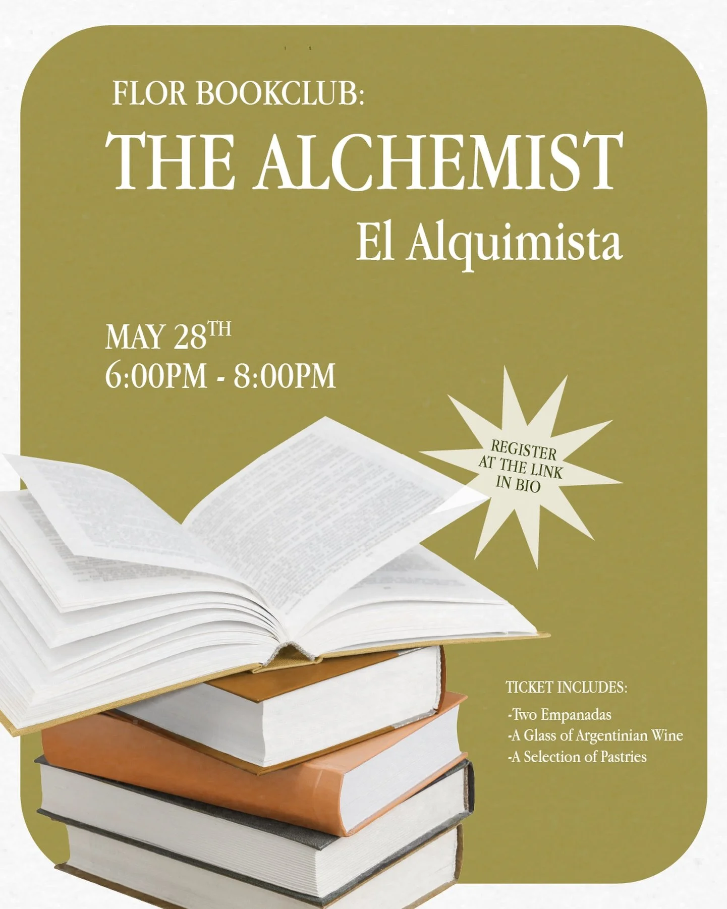 Trying to find a book club? JOIN OURS ✨📖
Next week we are discussing the alchemist🌱 we'll have treats, empanadas, wine and good discussions 
Haven't read the book? Grab it upstairs in our bookshop in either Spanish or English 

#dmvbookclub #bookcl