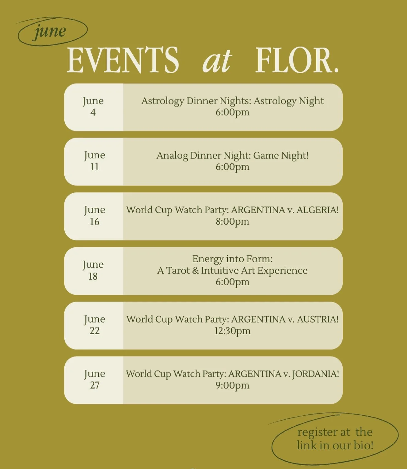 June is PACKED WITH EVENTS @ FLOR 
Book it all using the 🔗in bio! 

Our lineup: 
🌙June 4: Astrology Night
-A cozy evening of astrology, conversation, and connection&mdash;Flor style. Enjoy empanadas, wine, and a guided look at the stars. No prior k