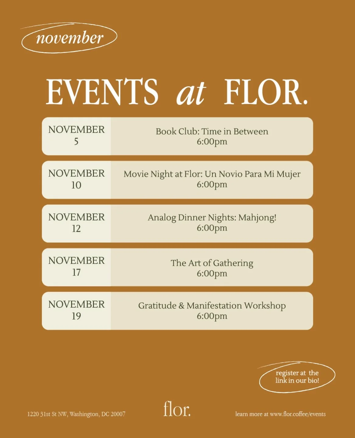 November at Flor 🍂📚☕️
A new month means more books, good food, and meaningful moments together. Join us for this months events:

📚 Nov. 5 Flor Book Club: The Time in Between / Tiempo entre Costuras by Mar&iacute;a Due&ntilde;as
Join us to discuss 