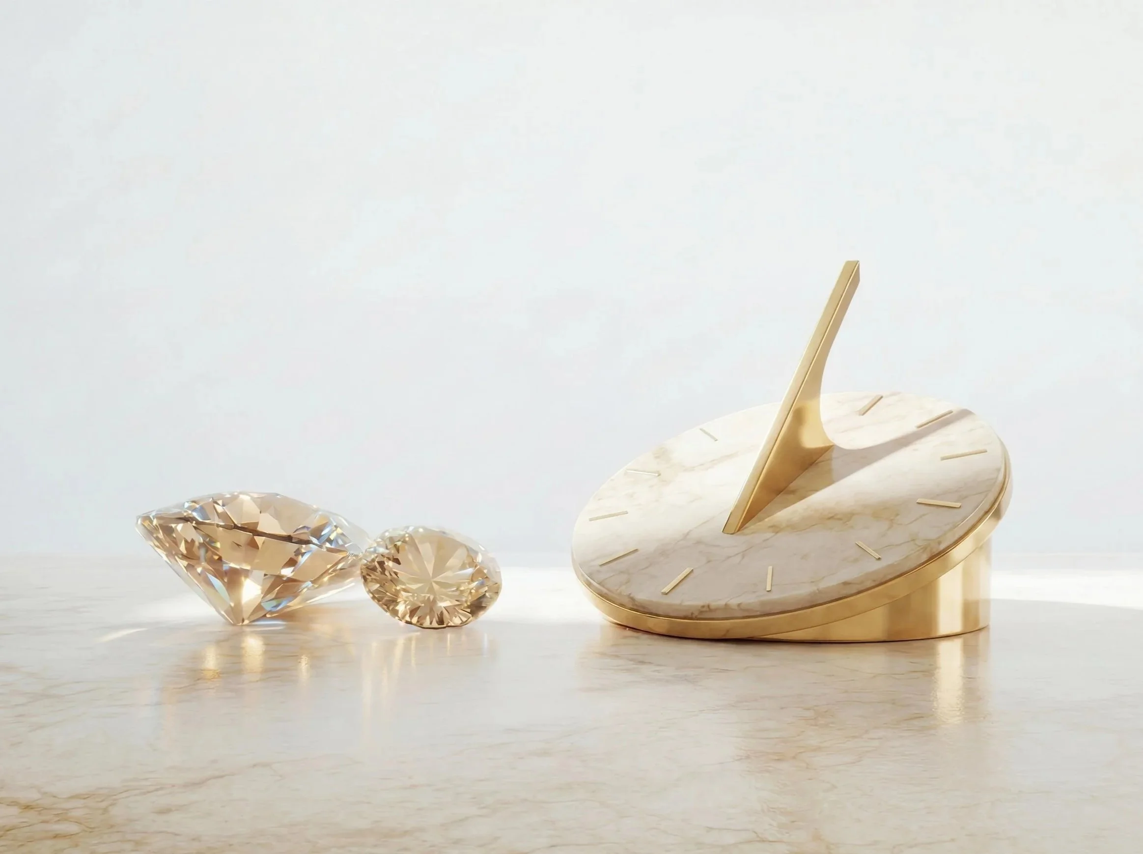 A marble clock with gold accents featuring a gold triangle hand, two large cut-glass diamonds, all on a light wooden surface against a plain white background.