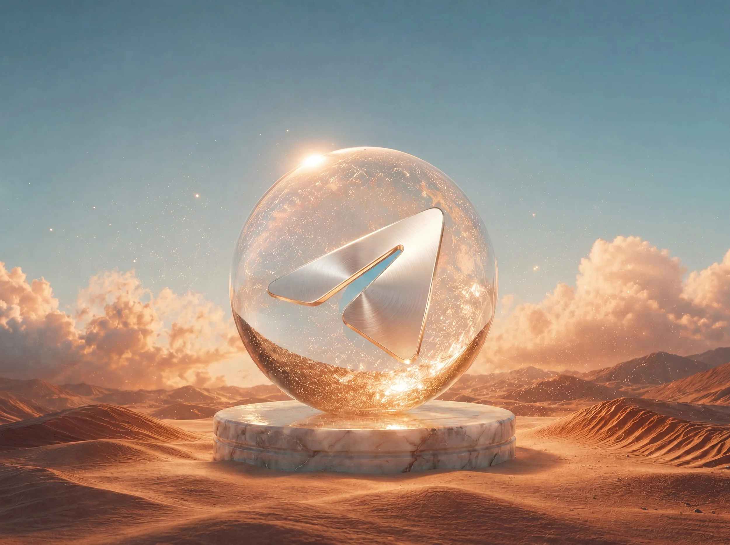 A futuristic, metallic trophy with a play button symbol, set on a marble base, against a desert and sky background with holding clouds and mountains.