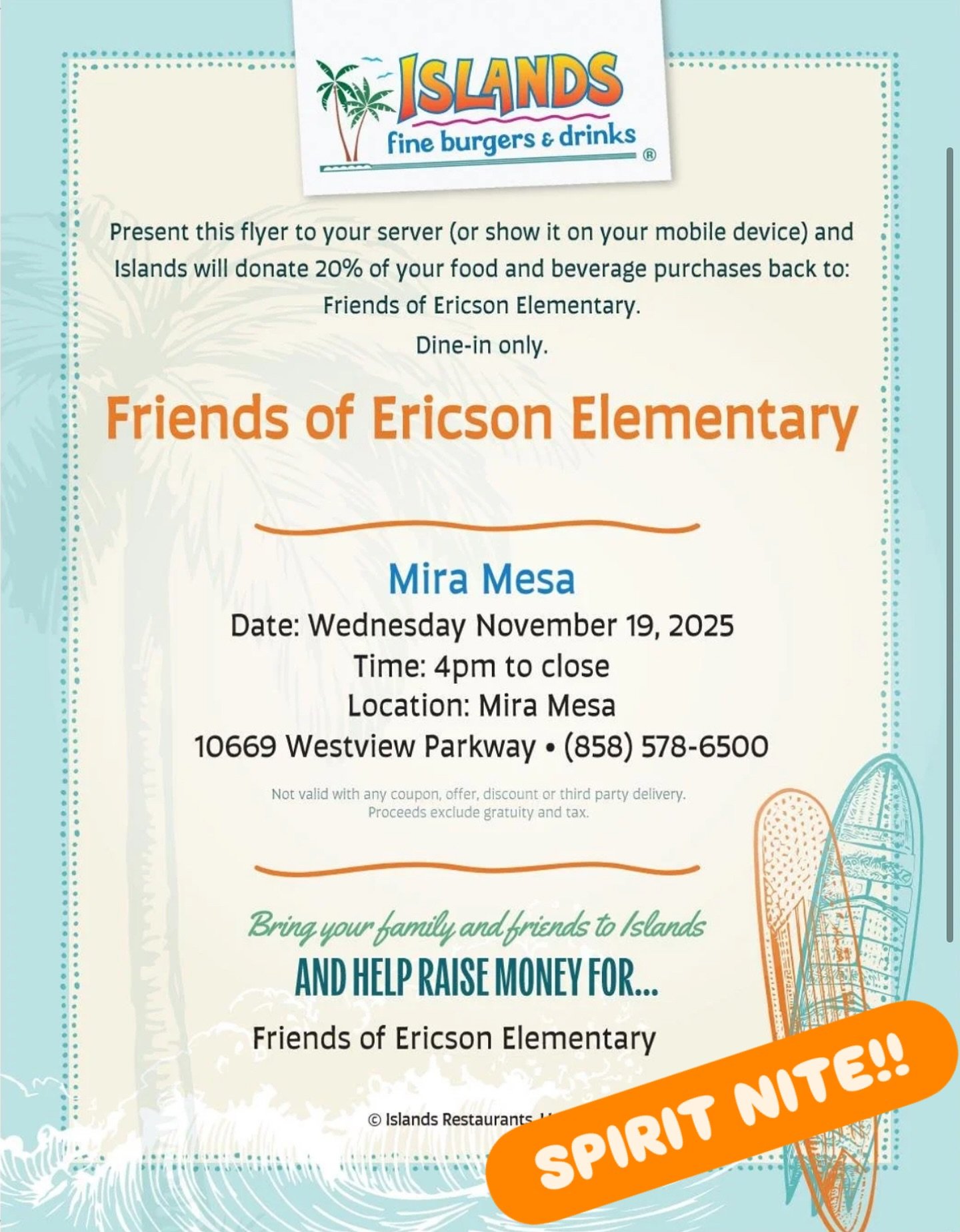 Take a night off from worrying about cooking and have dinner at Islands on Wednesday, November 19! 20% will come back to Ericson (dine-in only).

📍 : Islands Restaurant, 10669 Westview Parkway, San Diego, CA 92126
⏰ : Wednesday, Nov 19, 4-10pm
😁: 2