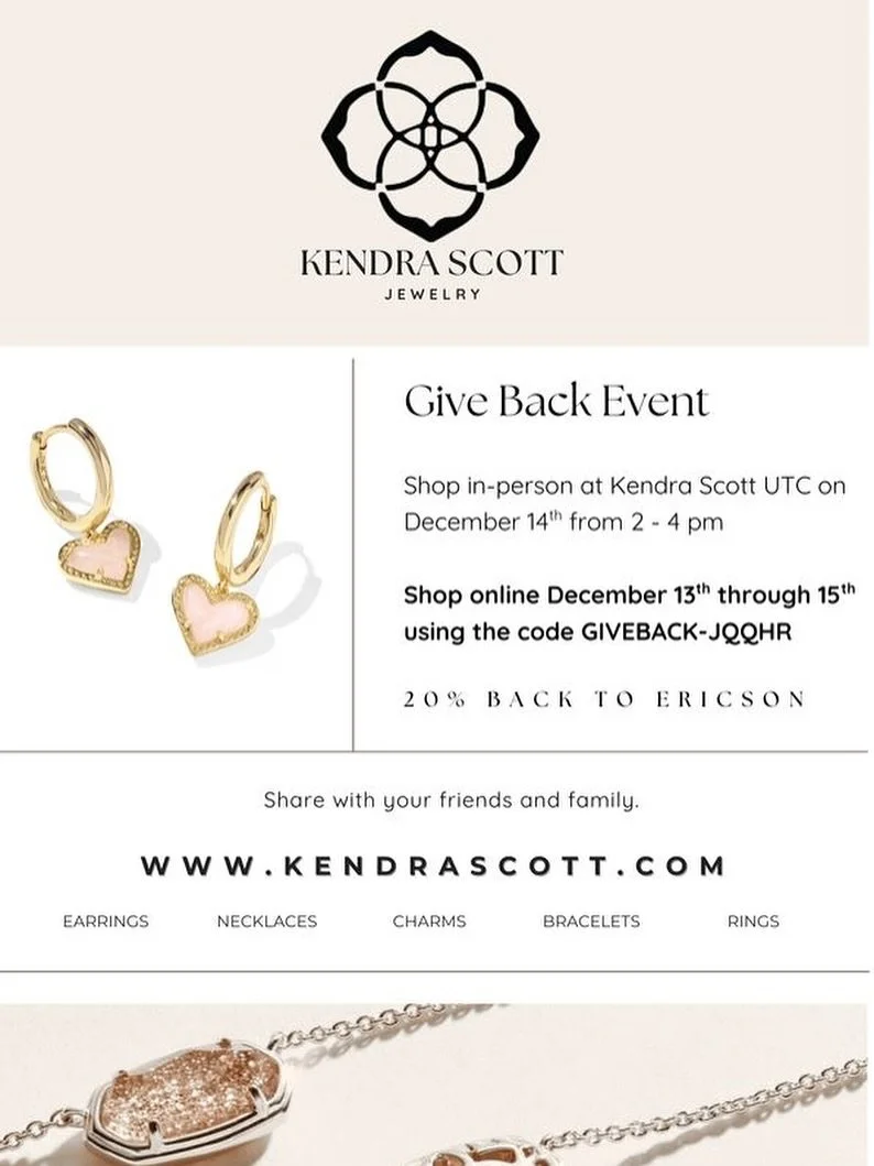 THIS SUNDAY, DECEMBER 14, go in-person to Kendra Scott at UTC to buy your holiday gifts. If you can&rsquo;t make it in-person, you can also buy online December 13-15. 20% of sales go back to Ericson!✨🎁

📍In-person sales: Sunday 12/14, 2-4pm ONLY at
