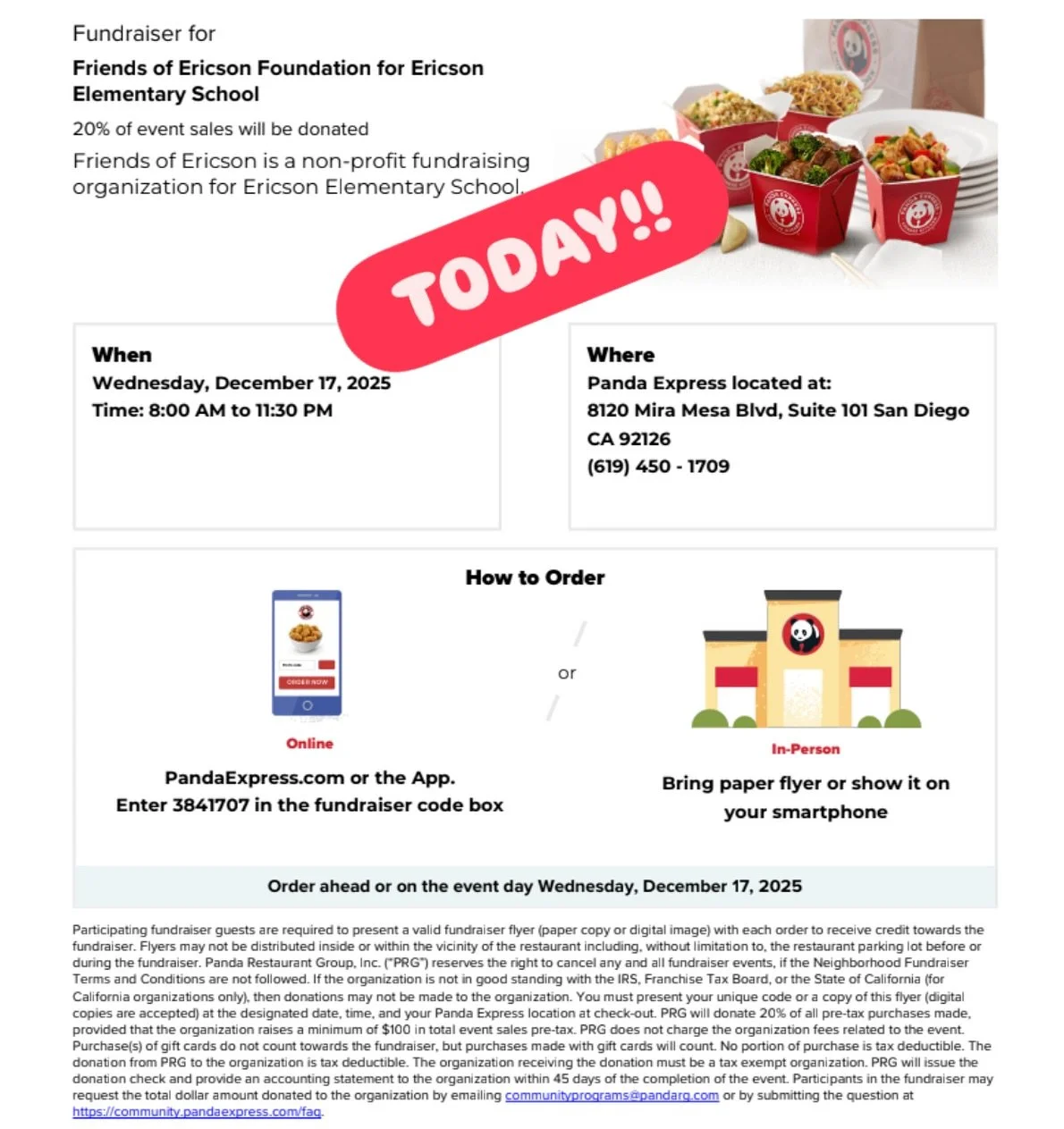 🐼🥡🥠Happening NOW! Panda Express in Mira Mesa, Viking Spirit Night Fundraiser, 8am-11:30pm, Wednesday, December 17th. 20% of all purchases come back to our school!

-Show the cashier the paper flyer or this digital flyer 
-For orders via PandaExpre