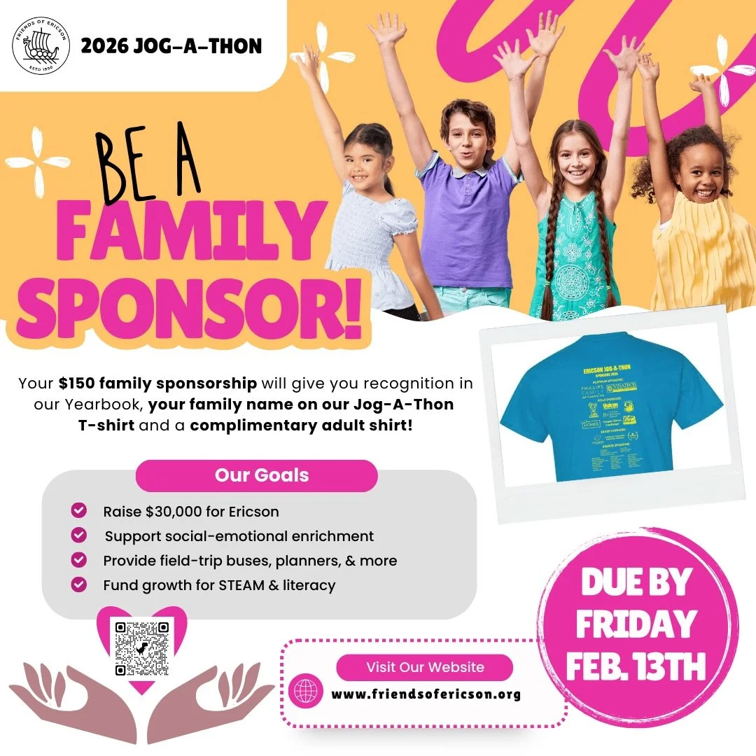 Support the Jog-a-Thon by making a tax-deductible family sponsorship donation of $150!

Your family name will be featured on the Jog-a-Thon shirt and in our yearbook, and you will receive one adult Jog-a-Thon t-shirt!

Donations go toward field trip 