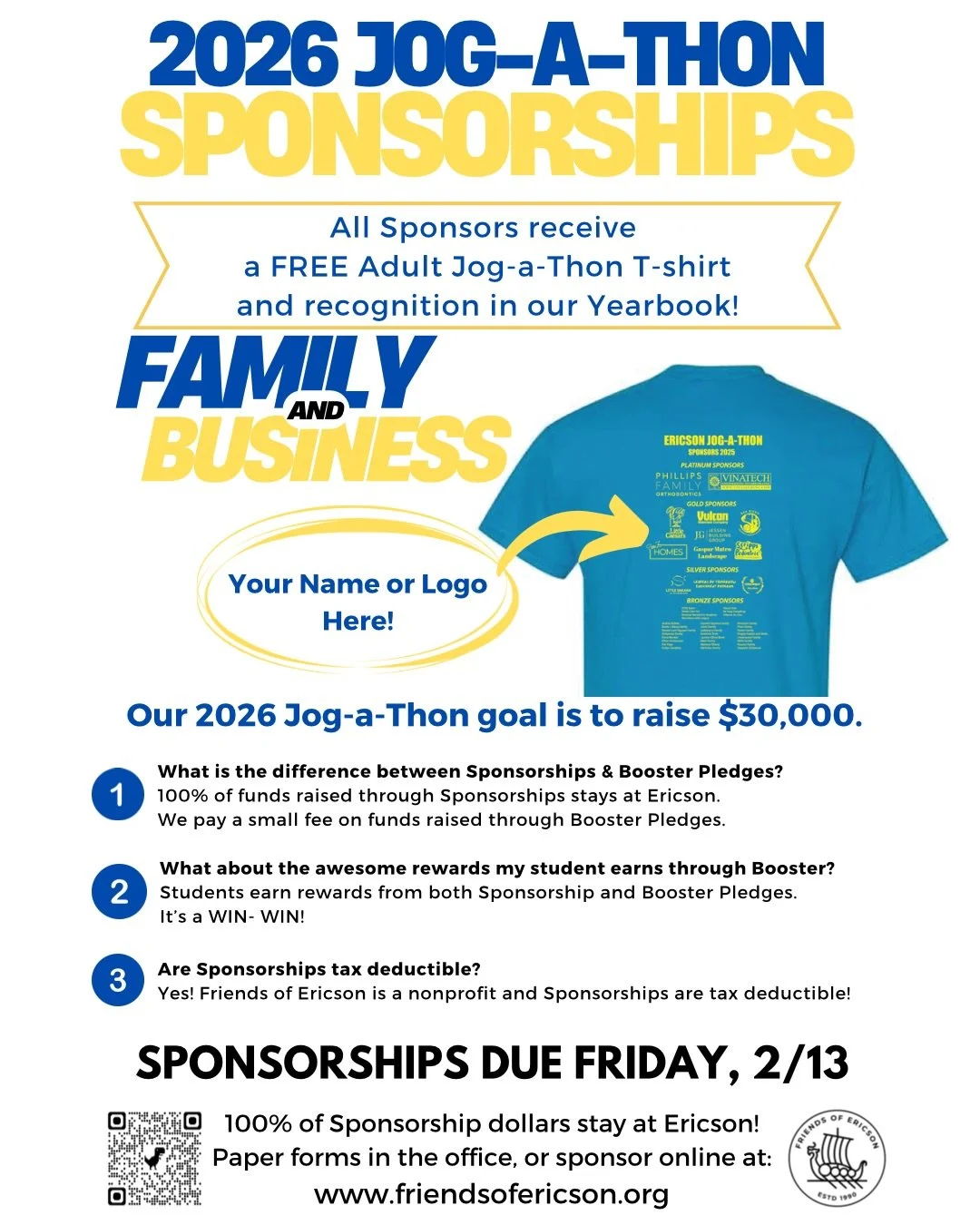 ✨ATTENTION FAMILIES, FRIENDS &amp; BUSINESS OWNERS!!✨

This is the last week to be a sponsor for our biggest fundraiser of the year, Ericson&rsquo;s Jog-a-Thon!🏃🏻&zwj;♀️🏃🏾

As a sponsor, your donation goes directly back to our students and school