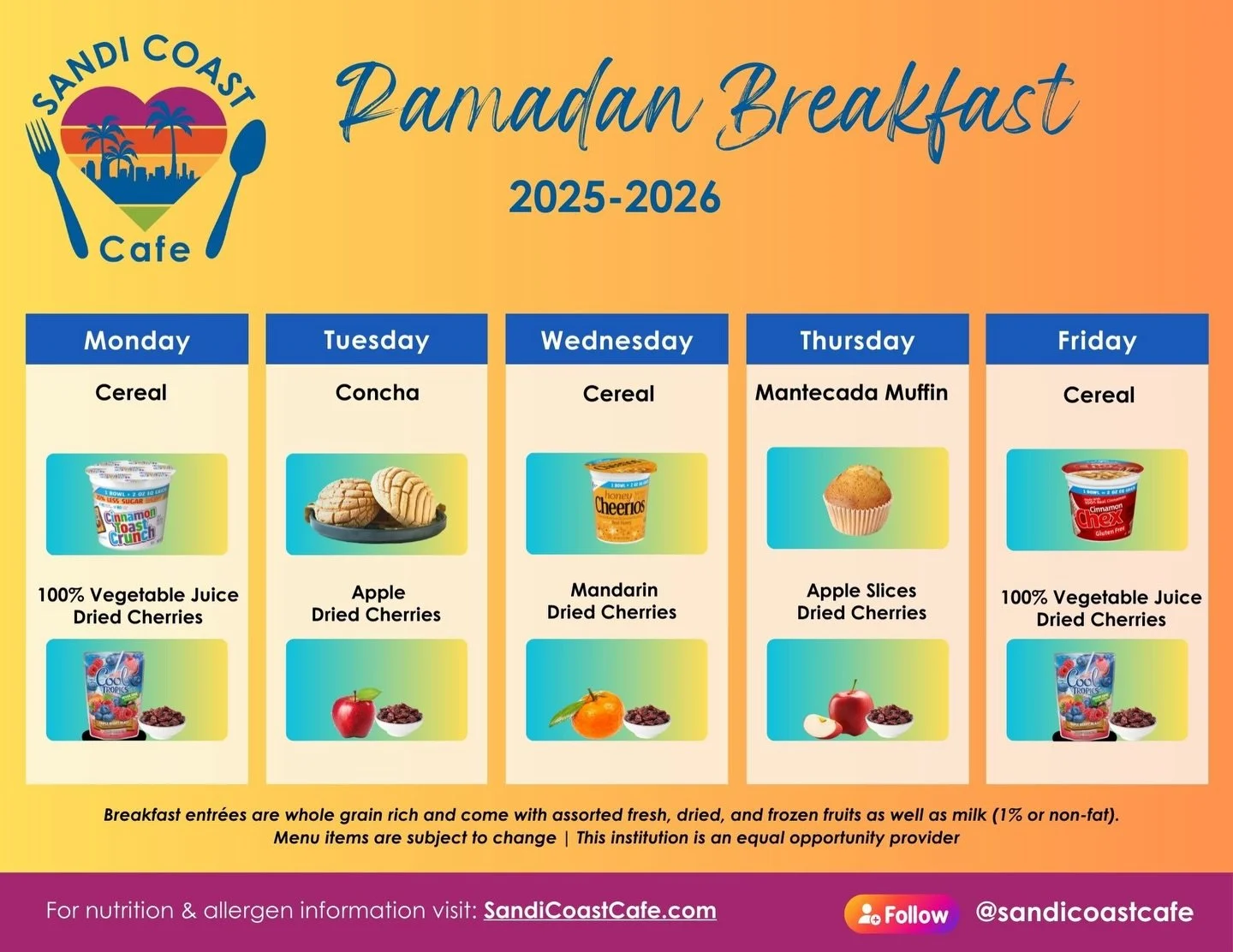 Sandi Coast Cafe will be offering take home meals for students observing Ramadan. Please visit the following link for additional information. Families will need to fill out the request form and turn into the front office.

https://www.sandiegounified