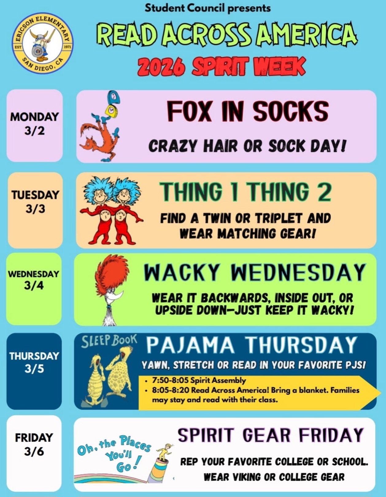 Ericson Student Council presents the Read Across America Spirit Week next week, March 2-6. 📚