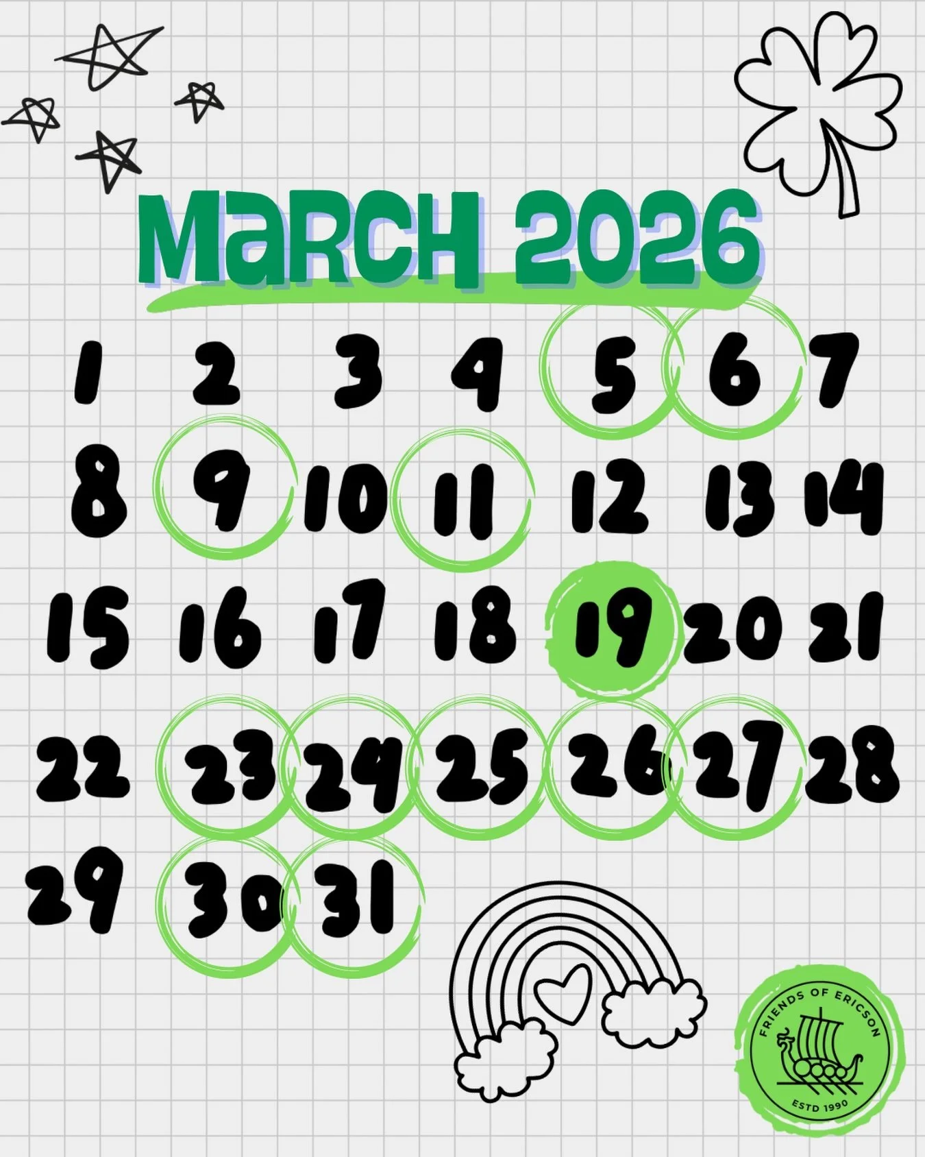 It&rsquo;s MARCH already, Viking families! We have a busy busy month including Ericson Jog-a-Thon and Spring Break! Make sure to mark your calendars with these important dates!🍀

MARCH 2026:
5: Spirit Assembly
  Read Across America 📚
6: Family Frid