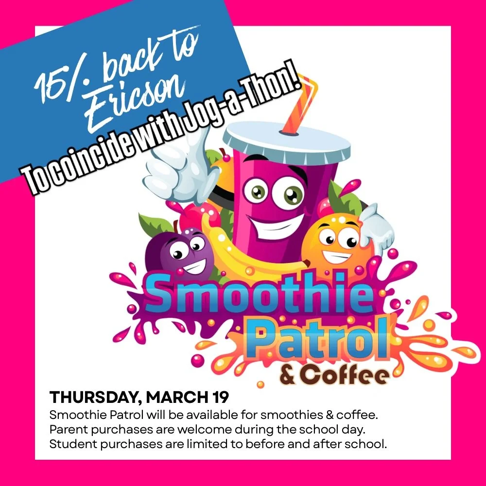 Tomorrow is going to be a warm one for our Jog-a-Thon!☀️👟

Smoothie Patrol will be on campus 7am-1pm to help you get your coffee fix or to help you and your kids cool down with a smoothie. 15% of all purchases will come right back to the school!

Pa