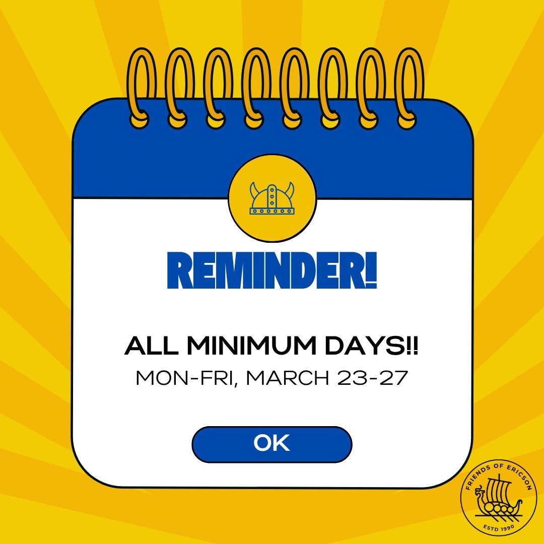Friendly reminder, Viking families! Everyday this week is a minimum day. Please arrange for pickup at 12:15pm.
