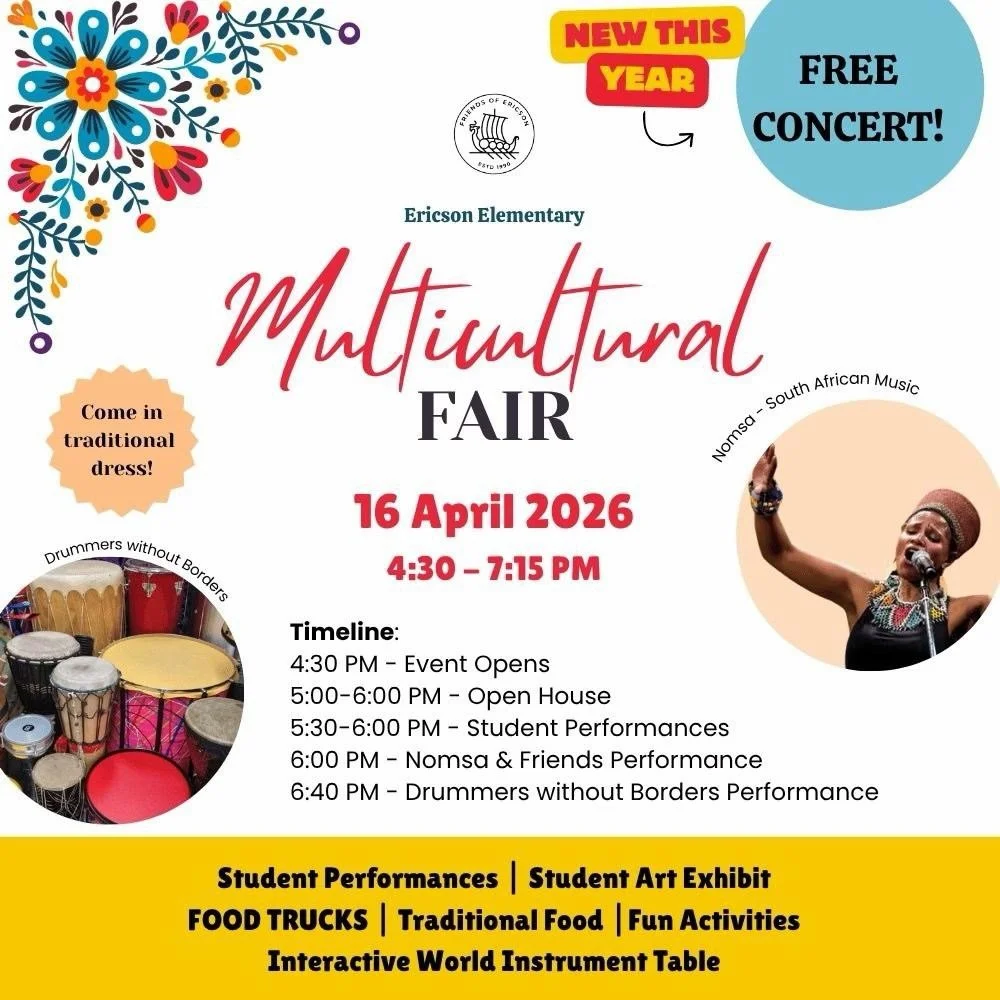 Join us this Thursday from 4:30-7:15PM for our Multicultural Fair!! 🌎🌍🌏

Open house runs from 5-6pm. 

Enjoy a traditional food potluck, food trucks (with vegan options), student performances (5:30PM) and art, have your child do a cultural activit