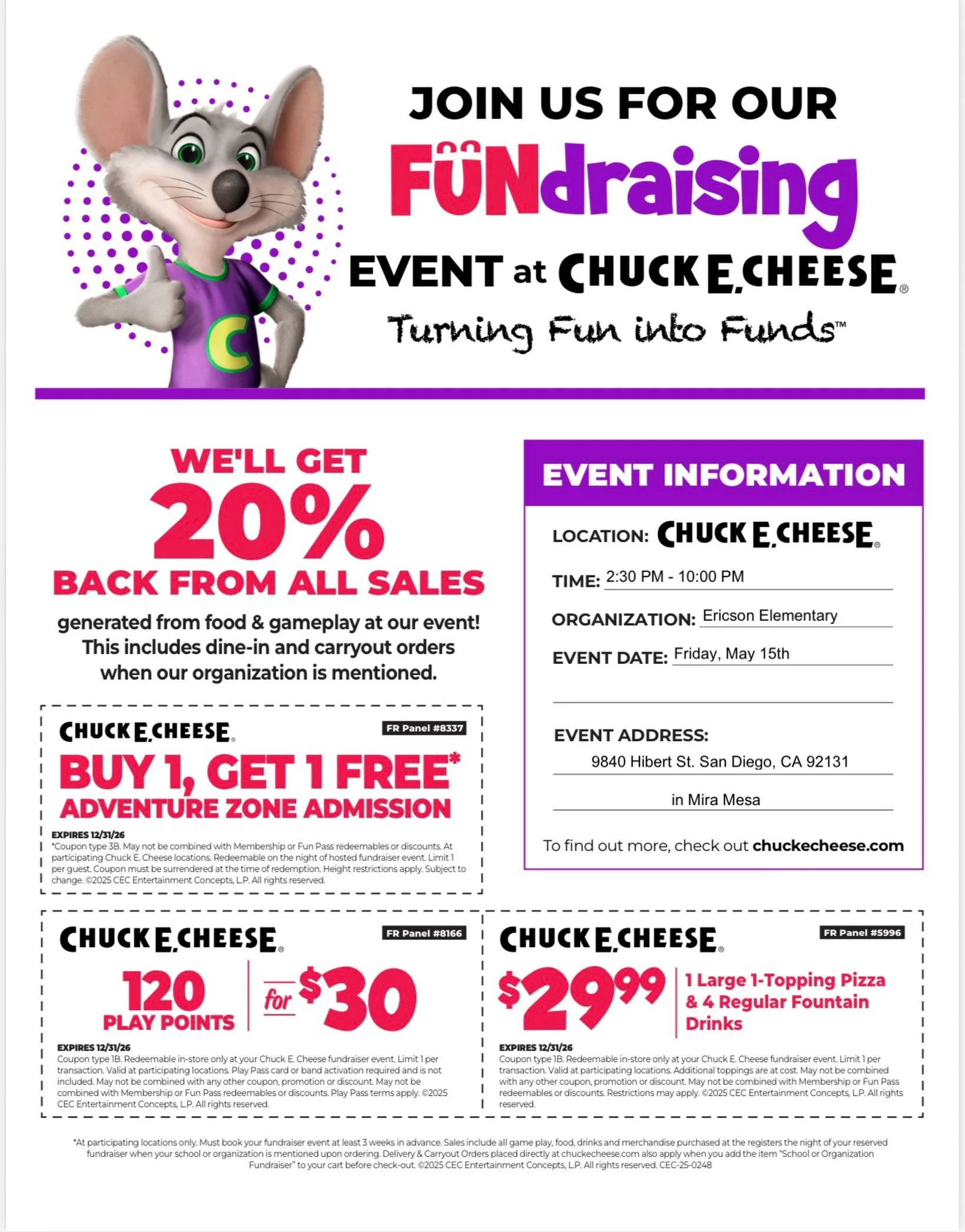 Come out to Chuck E Cheese for a fun family night for our last Spirit Night of the year!

When: Friday, May 15, 2:30pm-10pm
Where: 9840 Hibert Street (next to Trader Joe&rsquo;s)
Why: 20% of proceeds go back to Ericson!
How: Show the flyer or mention