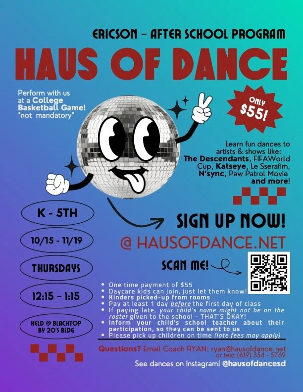 Sign up now for some new after school activities at Ericson: Haus of Dance (formerly Heartlight) and the second session of AYSO Play! 🪩⚽️