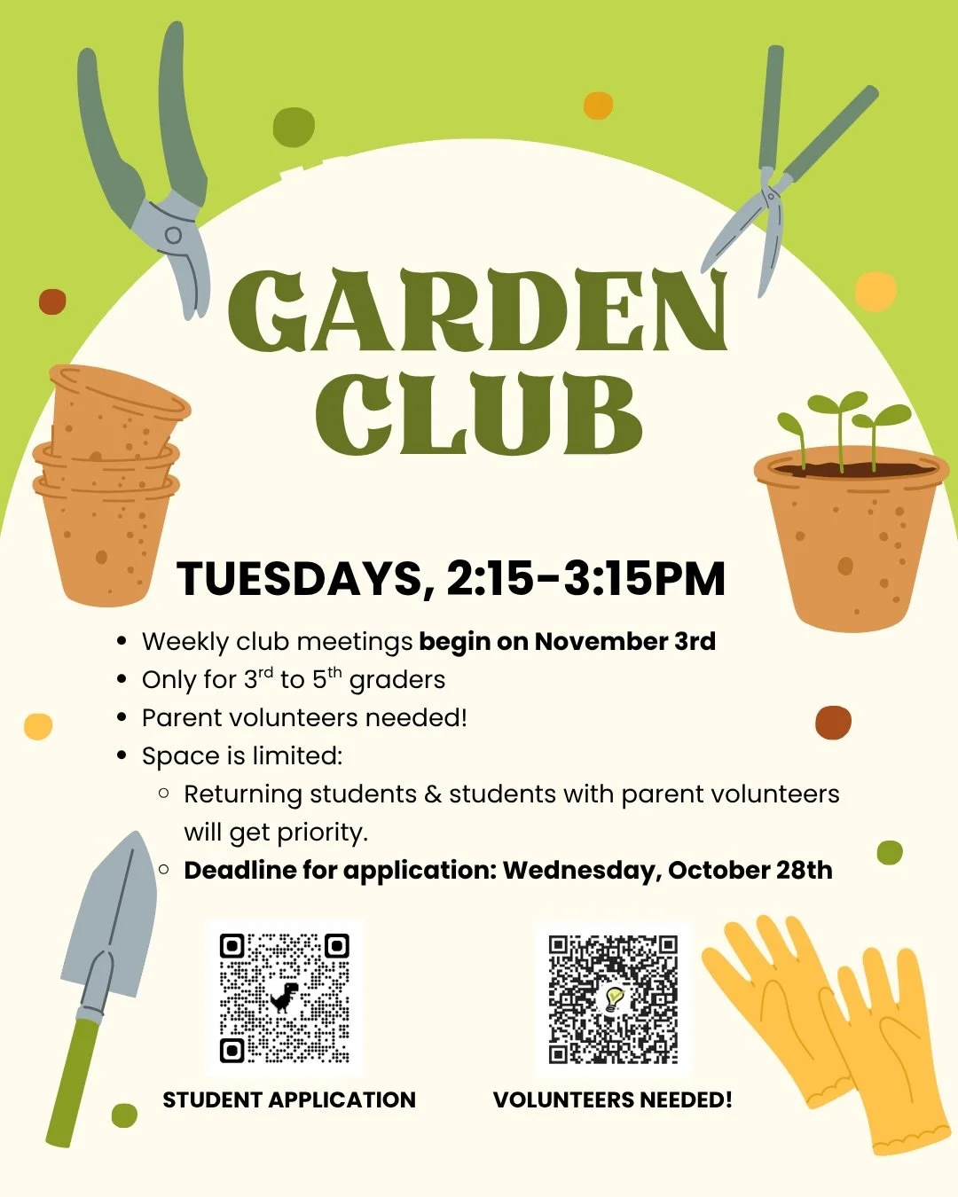 Two new after school clubs starting in November!

ERICSON GARDEN CLUB (FREE: starts 11/3)🪴

&bull; Now accepting applications for 3rd-5th graders [Deadline: October 28]
&bull; Students spend time in the garden weeding, planting, and harvesting what 