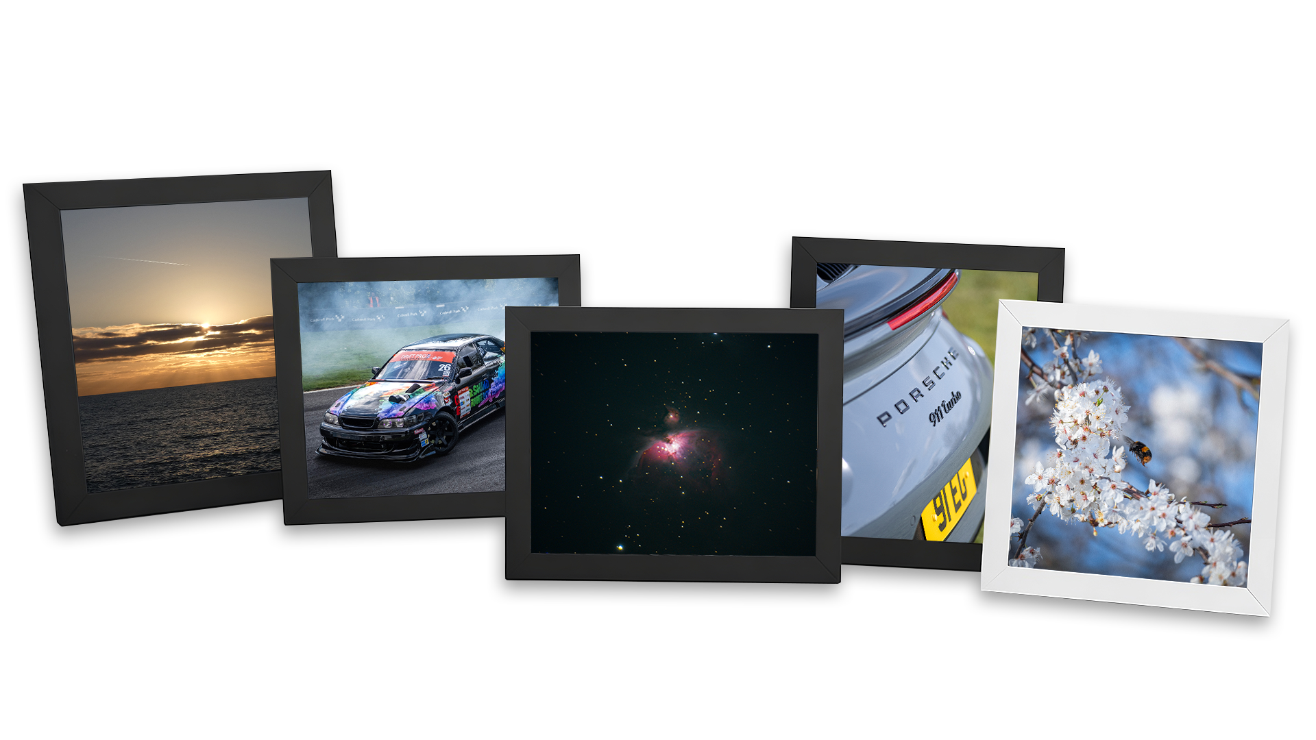 Five picture frames displaying various photographs, including a sunset over water, a race car, a galaxy, a Porsche car rear, and flowering branches with a bee.
