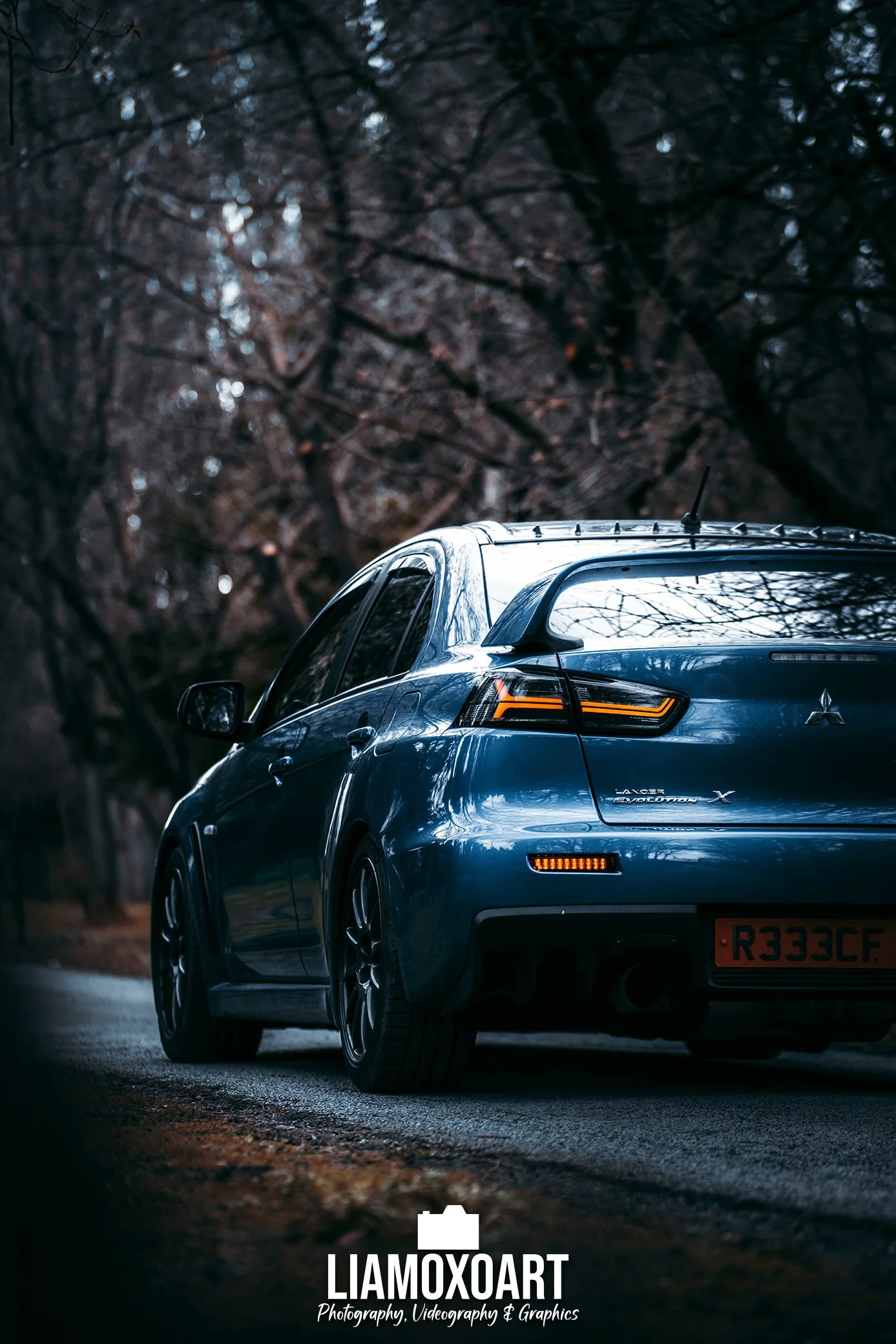 A blue Mitsubishi Lancer Evolution X car parked on a dark street, surrounded by trees with bare branches in a dimly lit setting, with the focus on the rear of the vehicle and its distinctive taillights.