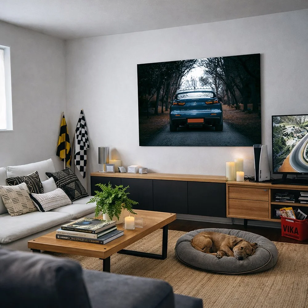 Living room with a Liamoxoart print of a Mitsubishi Lancer Evolution X