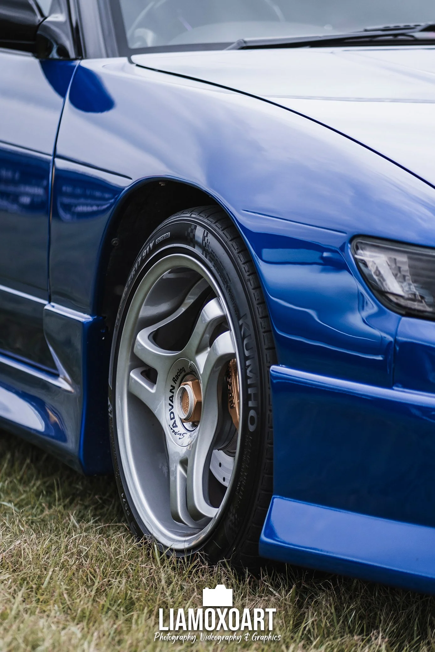 Close-up of a blue sports car with a sleek, shiny exterior, showing part of the front wheel and body, parked on grass.