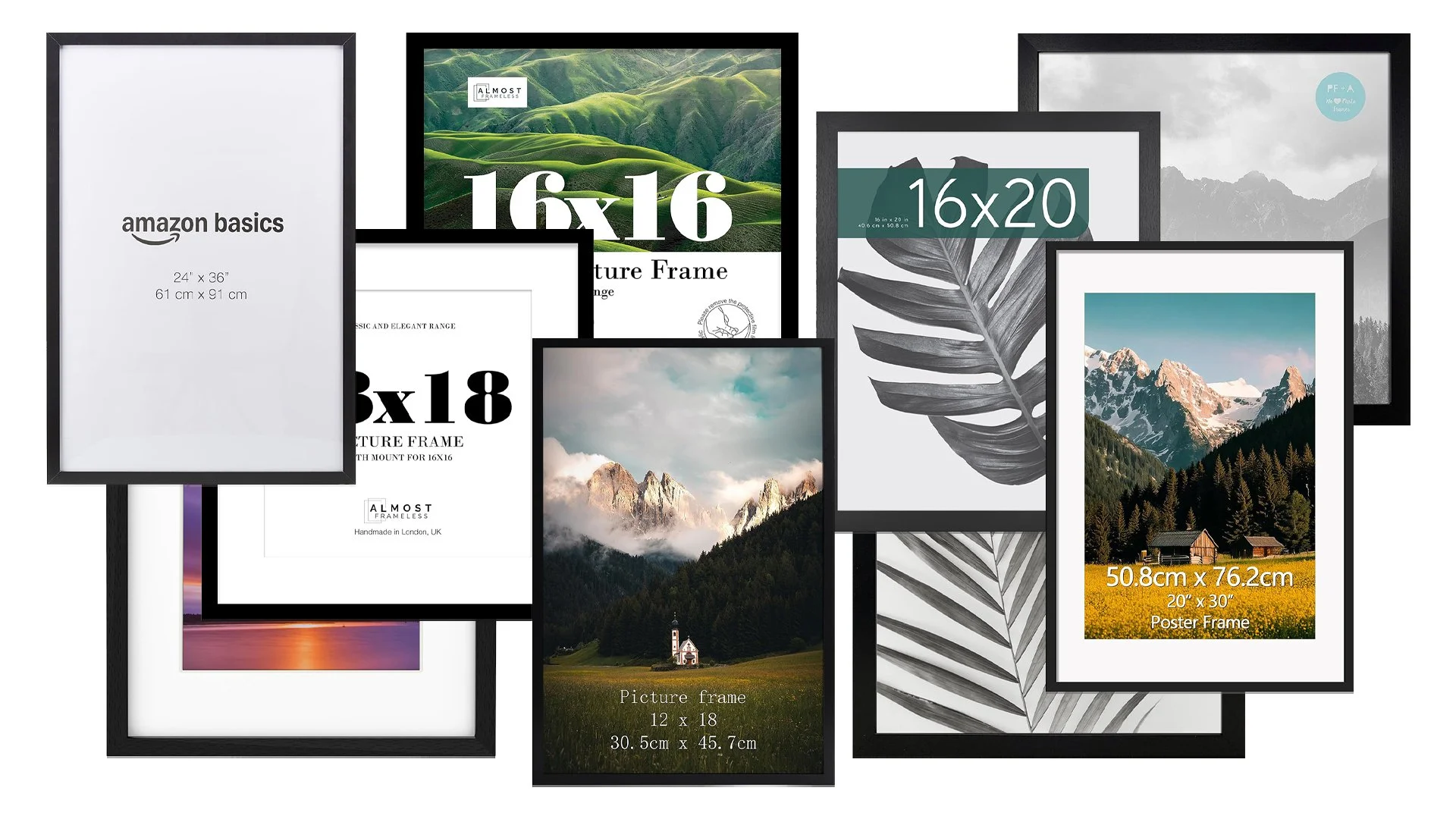 Collage of various picture frames with different sizes and designs, including landscape photographs and artwork.