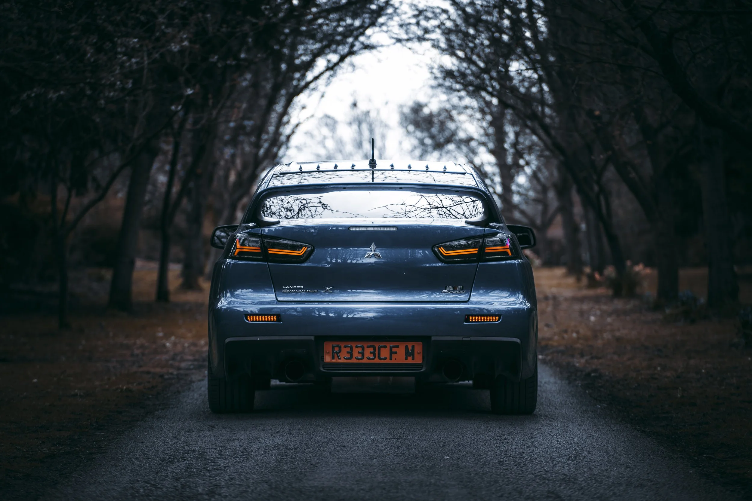 A dark blue Mitsubishi Eclipse Cross parked on a narrow road surrounded by leafless trees, with overcast sky visible through the branches.