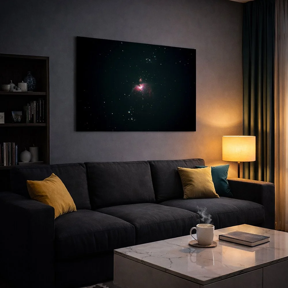 Living room with a Liamoxoart print of the Orion Nebula