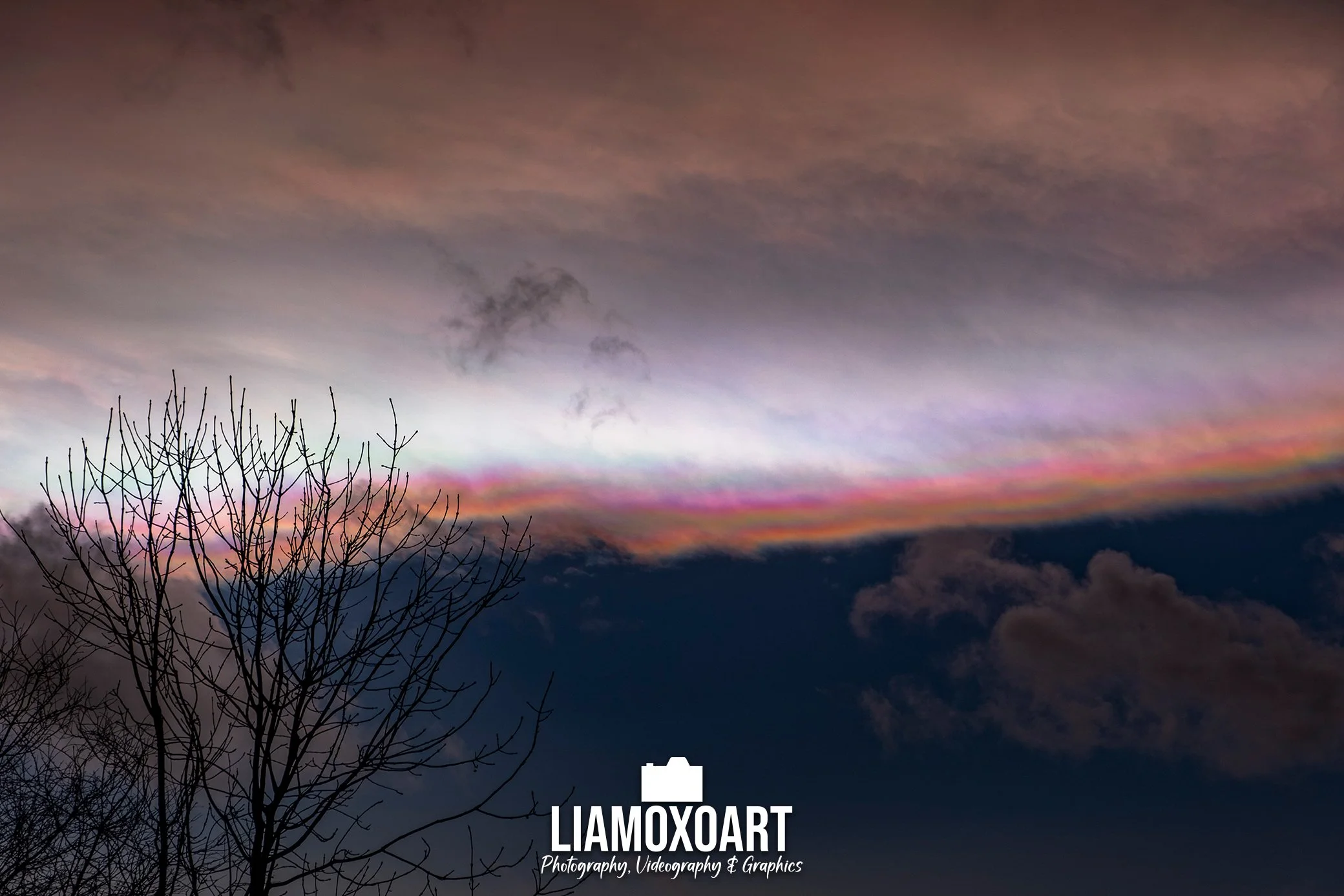 Colorful streaks in the sky during sunset or sunrise with a silhouetted leafless tree in the foreground. The sky features shades of purple, pink, and orange.