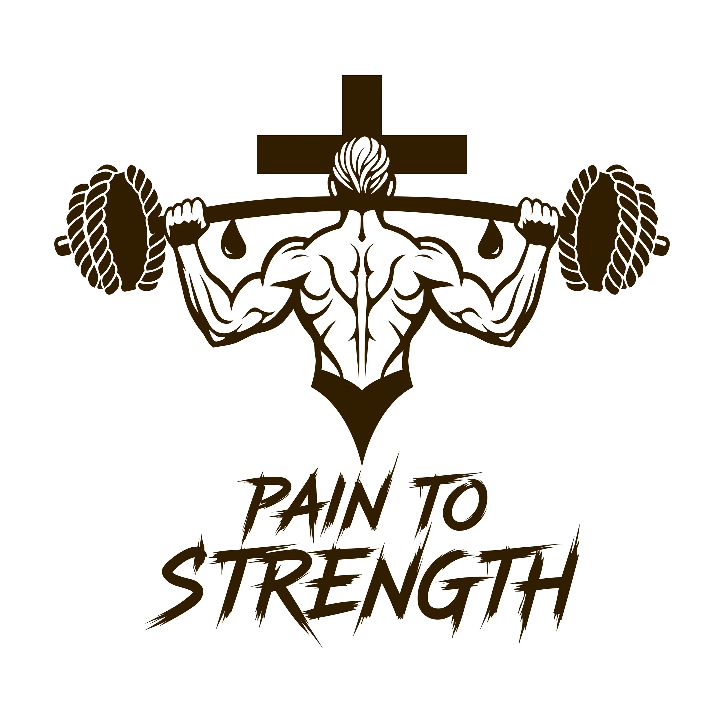 A muscular figure with a blue cross on the face lifting a barbell with thick ropes on each end. The figure is seen from the back with a cross symbol above the head and the phrase "Pain to Strength" below.