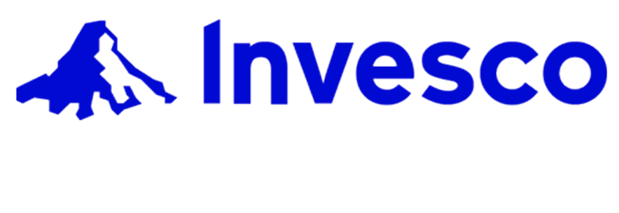Invesco logo with mountain and water graphic in blue